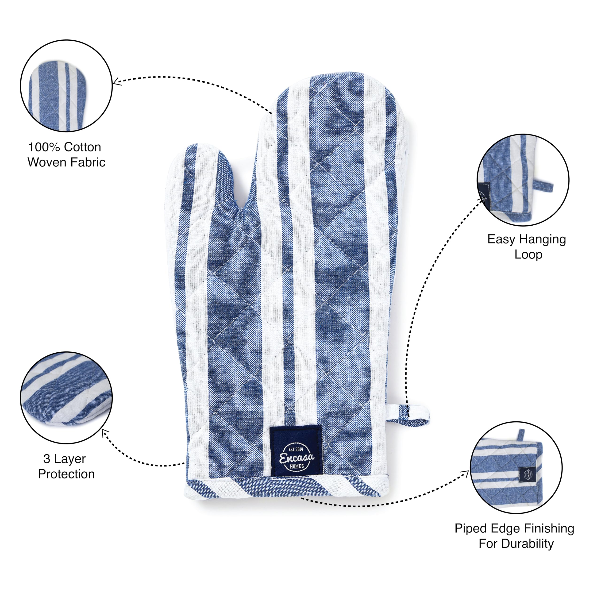 Encasa XO Oven Gloves, Quilted Cooking Mitts, Heat Resistant Blue 3