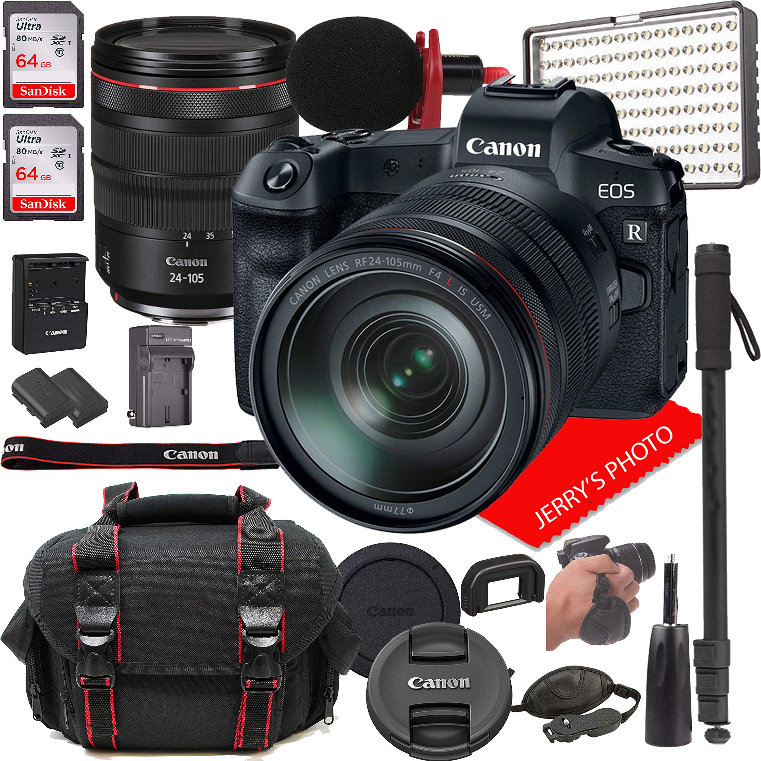Canon EOS R Mirrorless Digital Camera with RF 24-105mm f/4L is USM Lens Bundle + LED Video Light, Microphone, Monopod, and More (24pcs)