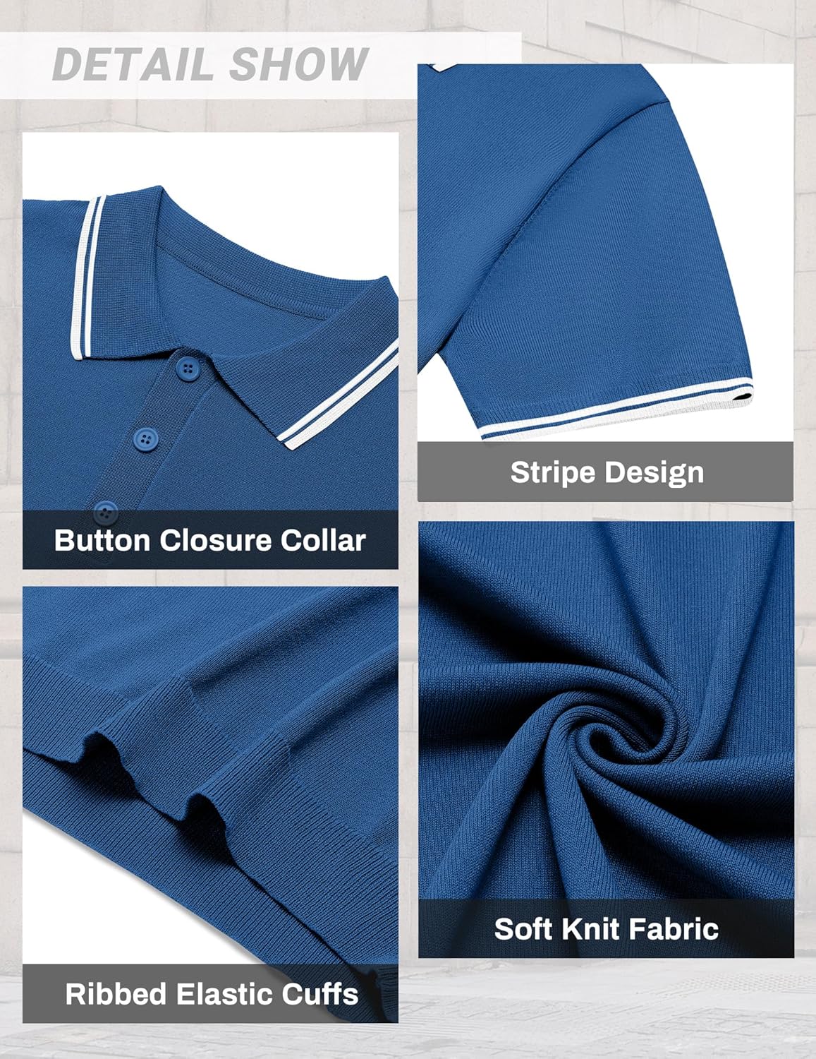 COOFANDY Men's Knit Polo Shirts Short Sleeve Casual Button Golf Polo Shirts Collared T Shirt Blue - Image 5