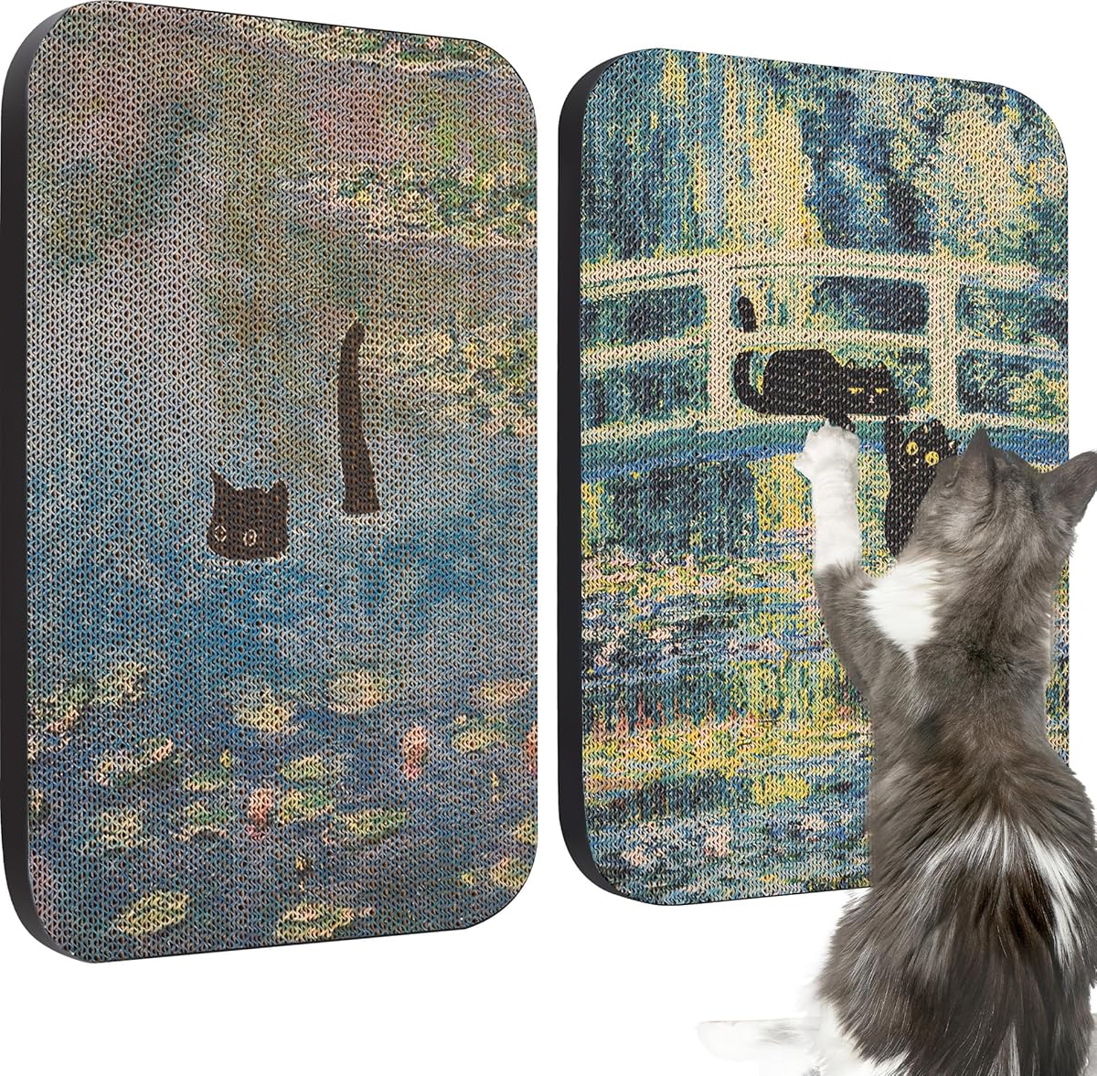 2 Pack Art Cat Scratcher, Wall-Mountable Cat Scratch Pad, Wall Cat Scratcher 16.7x11x1 Inch Cat Scratching Board for Indoor Cats Toy(Pond & Bridge)