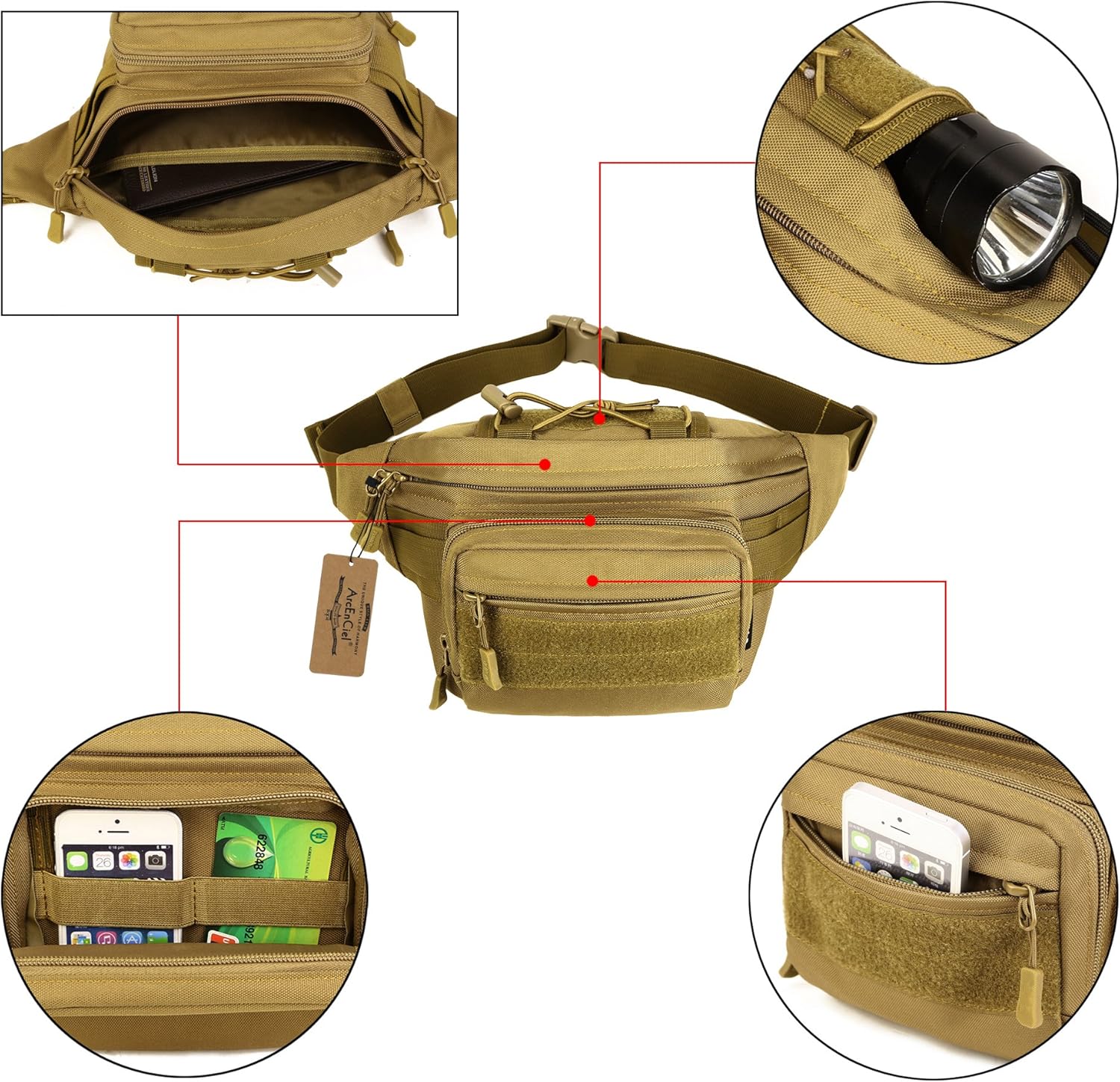 ArcEnCiel Tactical Fanny Pack for Men Waist Bag Military Hip Belt Outdoor Hiking Fishing Bumbag with Patch (Black) : Sports & Outdoors