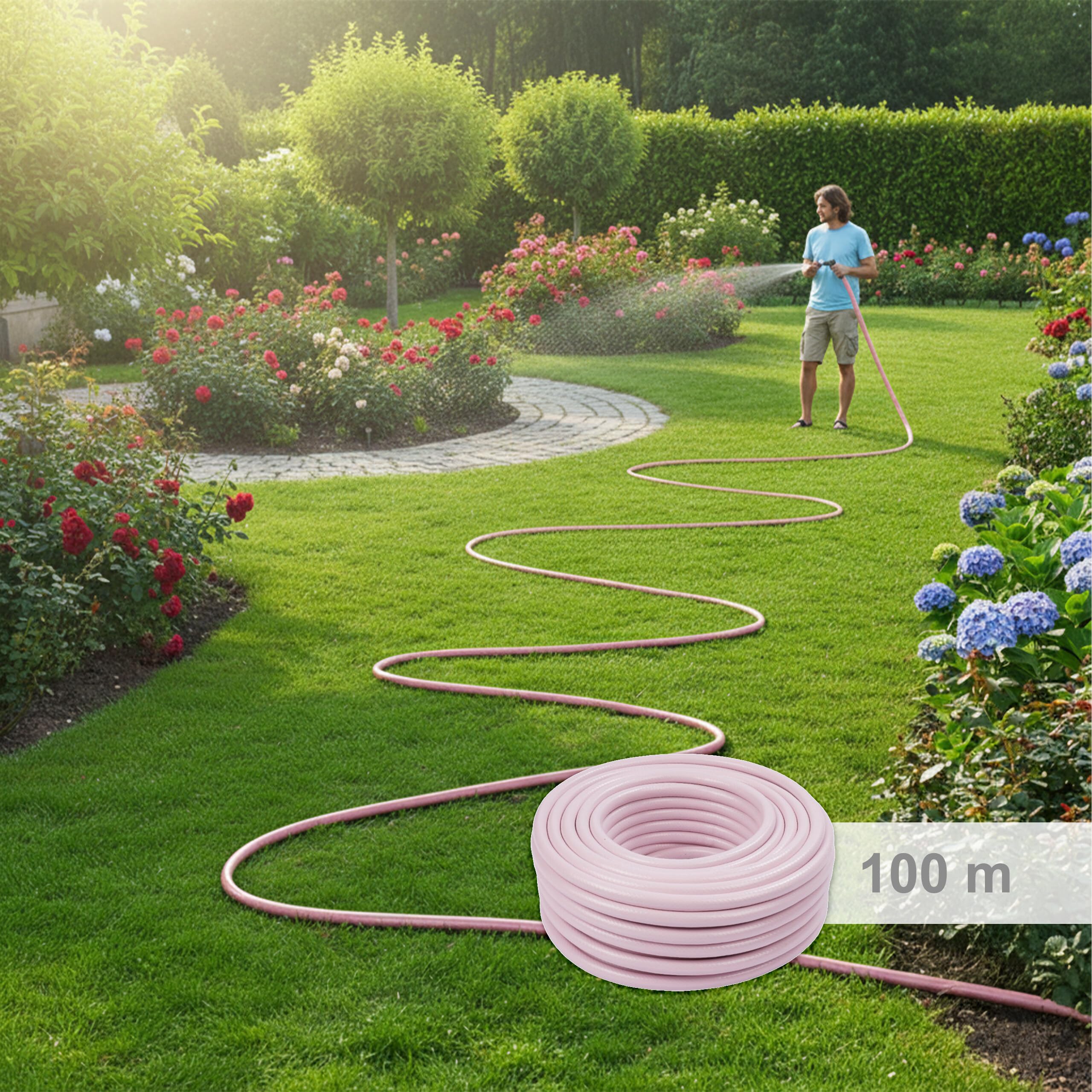 Relaxdays Gartenschlauch, 100 m, universeller Wasserschlauch 1/2", UV- & wetterfest, Gewebeschlauch Garten, PP, rosa