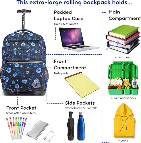 Miniatura 3 de J World Sundance Mochila Rodante para Laptop para Niñas y Niños. Mochila Escolar con Ruedas, Night Bloom, 20 pulgadas