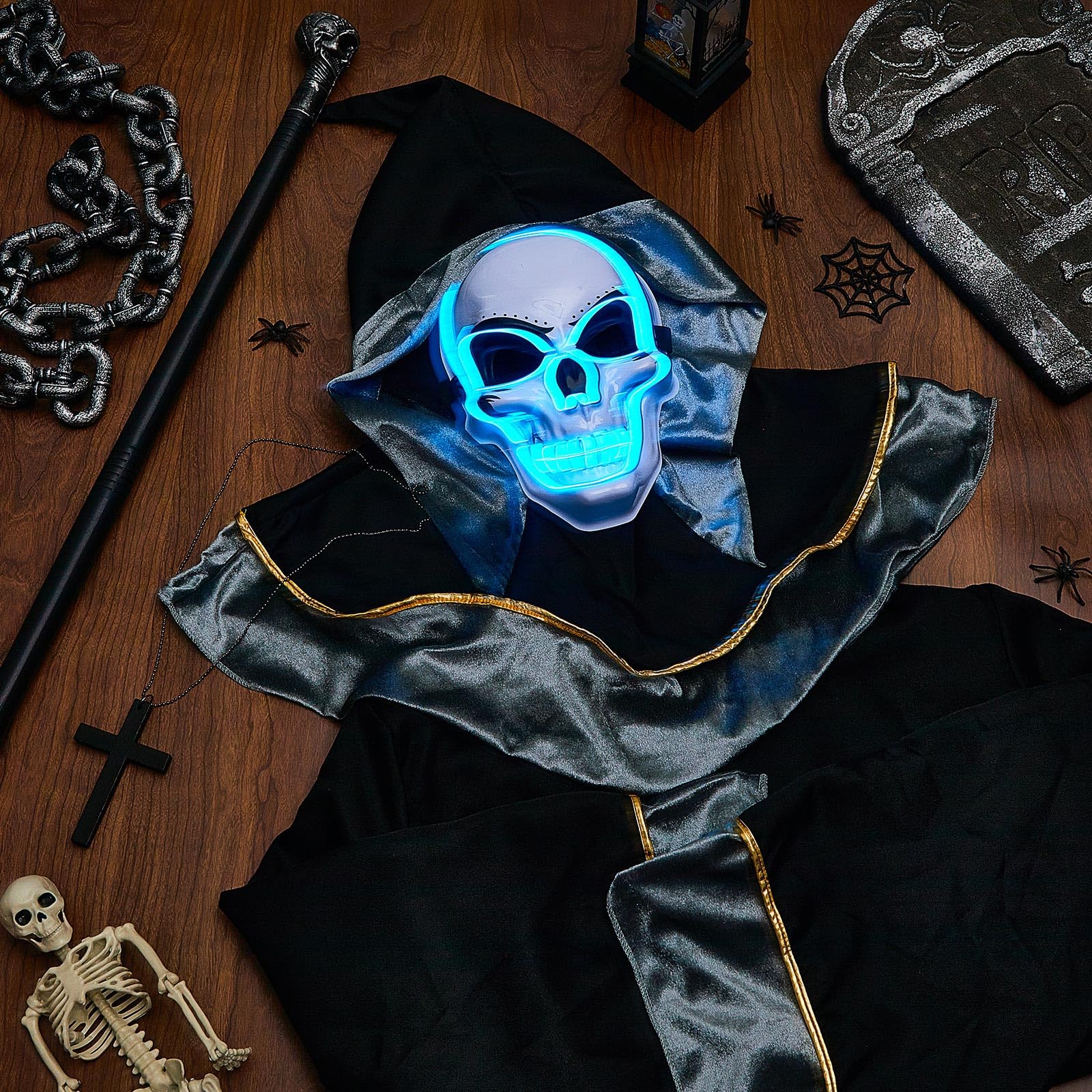 Ramede 4 Pcs Halloween Men Wizard Costume Set Sorcerer Medieval Robe Black Cloak with Hood Skull Antique Silver Walking Cane LED Light up Scary Mask Cross Necklace for Cosplay Party