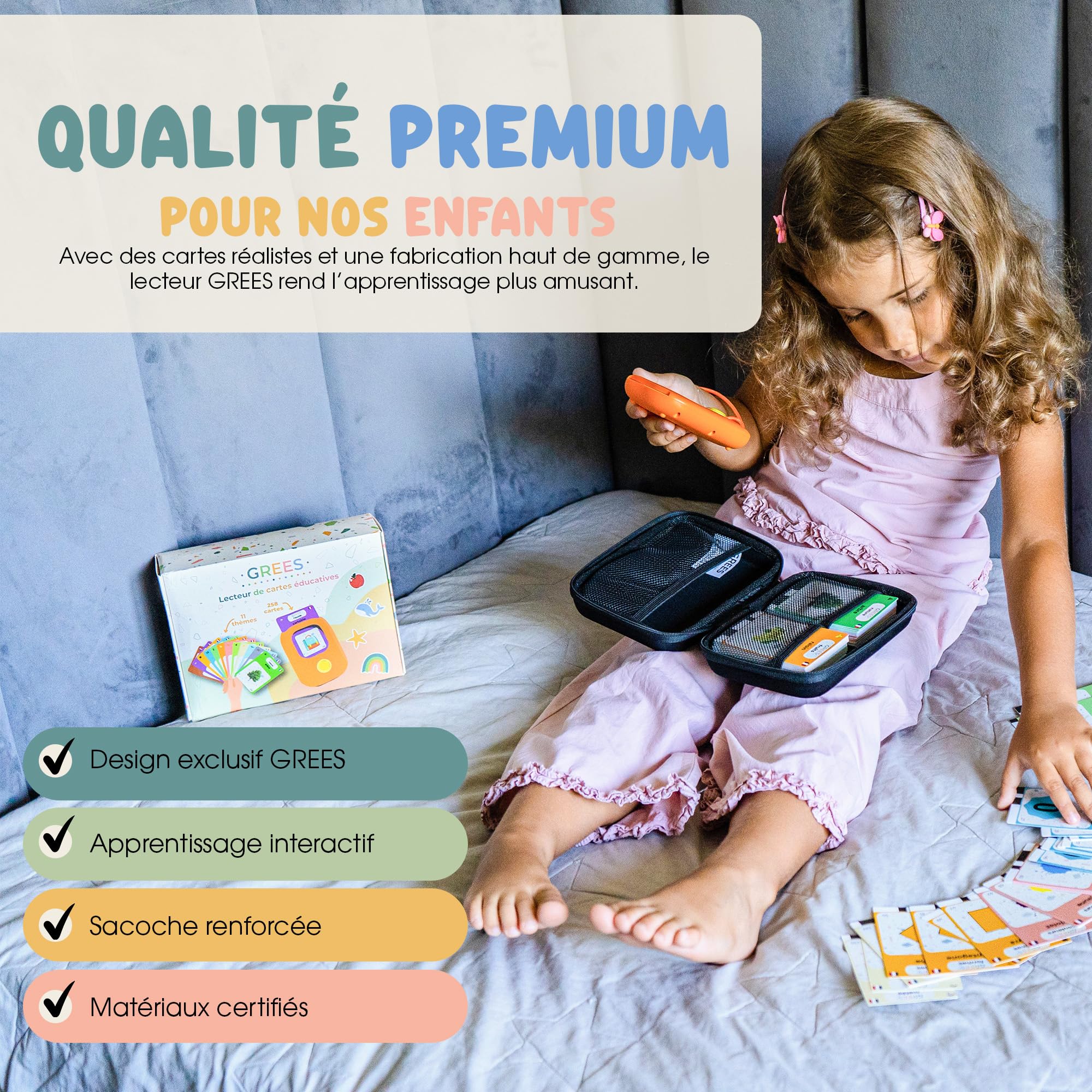 GREES Jouet Éducatif Montessori – Lecteur de Cartes Parlantes Français 258 Mots + Sacoche de Rangement | Jeu sans Écran Enfant 2-6 Ans | Flashcards Lettres Chiffres Animaux | Cadeau Fille Garçon