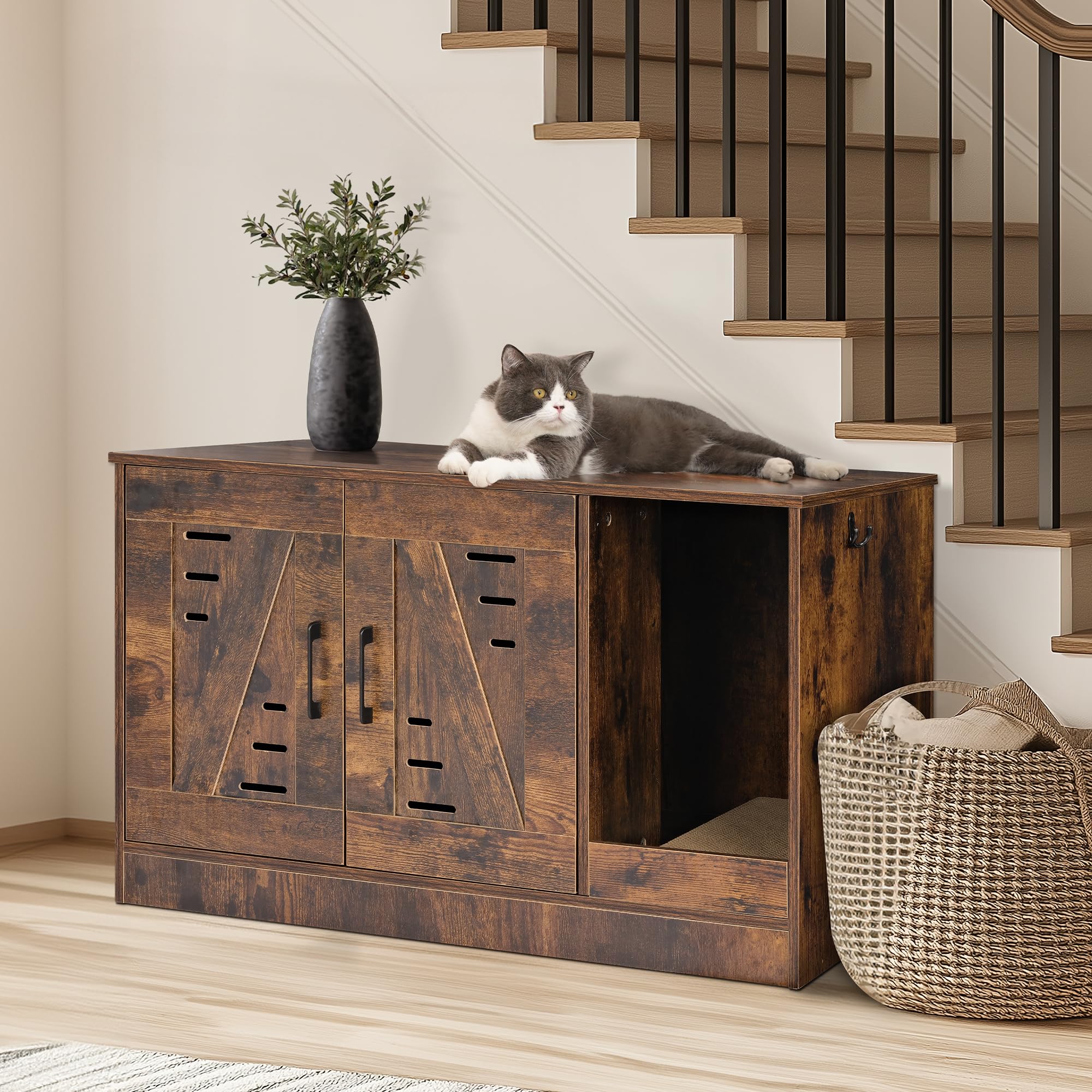 JubiNatural Cat Litter Box Enclosure, Hidden Cat Litter Box Furniture with Vent and Scratch Pad, Enclosed Odor Control, Easy Clean Panel, for Bedroom, Living Room, Rustic Brown