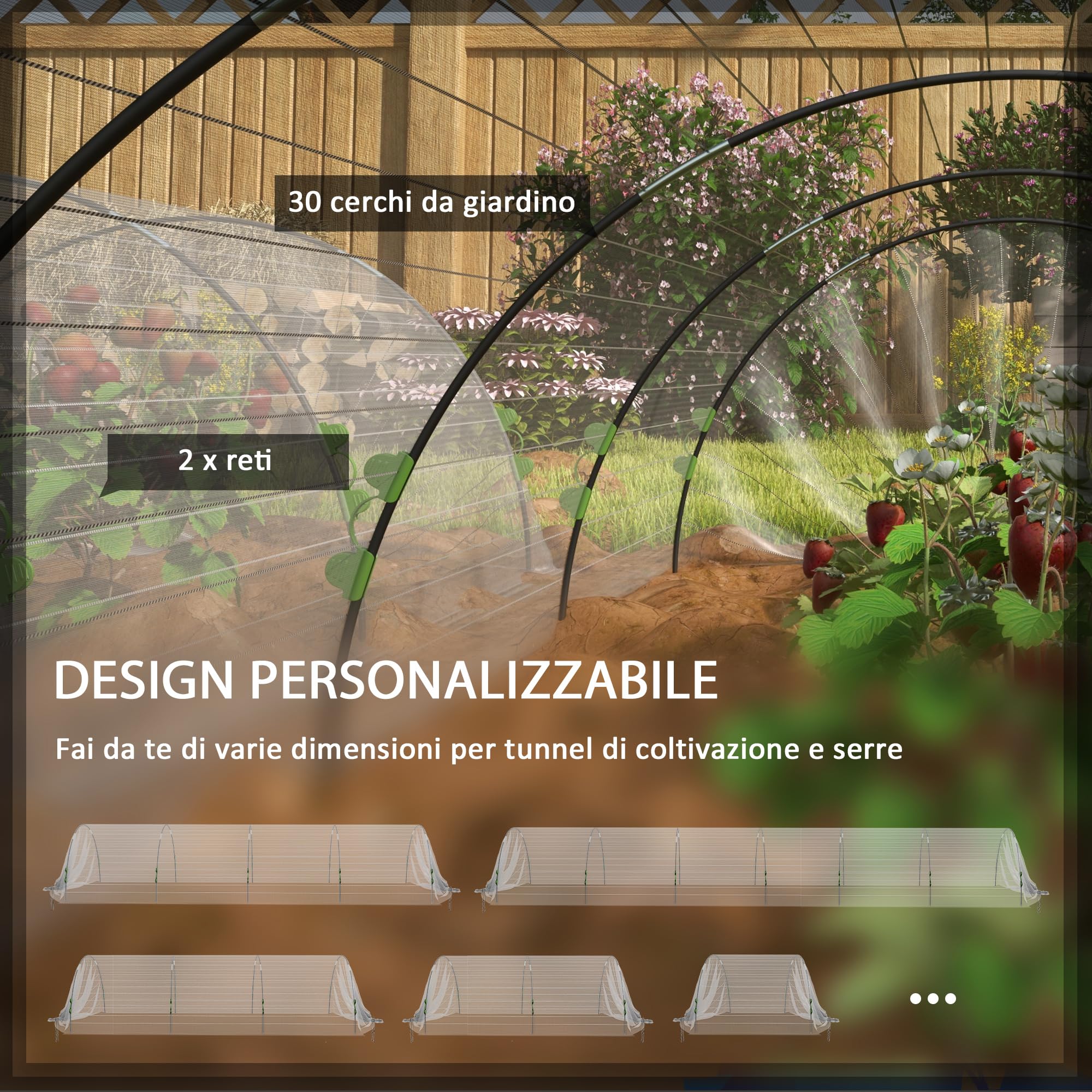 Outsunny Cerchi da Giardino per Serra, Archi per Serra Tunnel Orto con Copertura a Rete, Archetti Flessibili e Clip di Fissaggio, 200x80x41 cm, Bianco