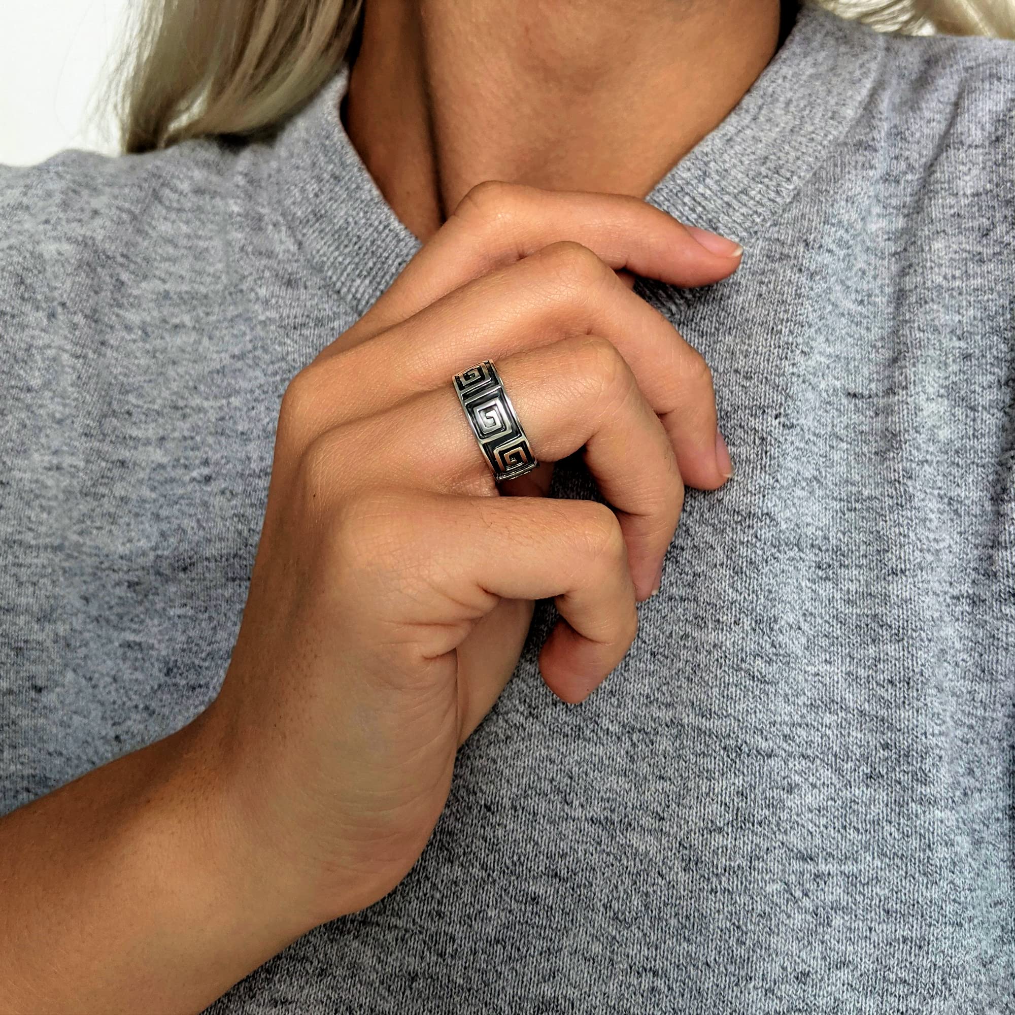 Silverly Anillo de Llave Griega de 8mm en Plata de Ley 925 para Mujer | Anillos Gruesos para Hombre | Anillos de Boda con Diseño Clásico Griego | Joyería Geométrica Estilo de la Antigua Grecia