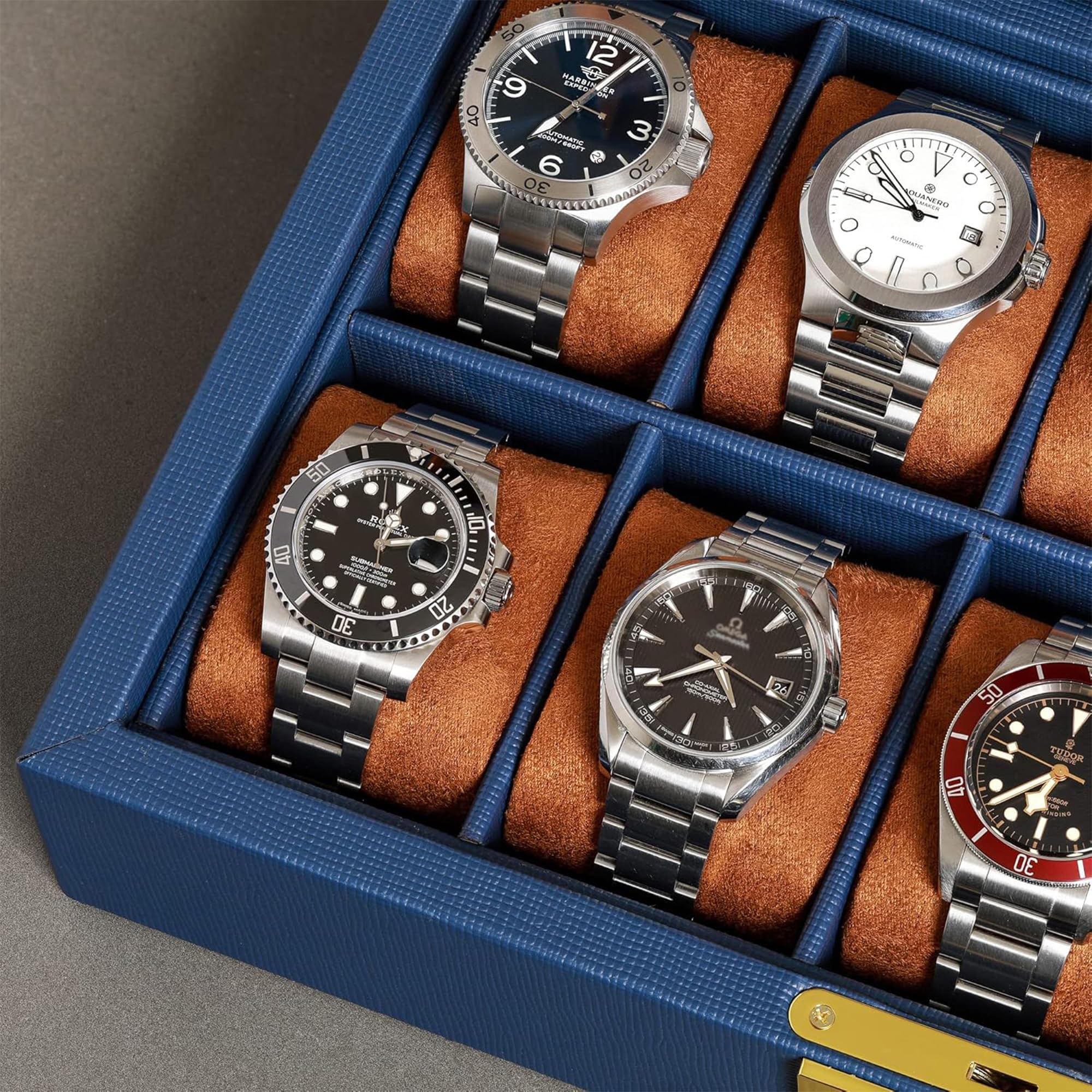 ROTHWELL 10 Slot Leather Watch Box - Luxury Watch Case Display Jewelry Organizer - Locking Watch Display Case Holder with Large Glass Top - Watch Box Organizer for Men and Women