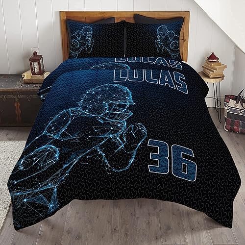 Vista 42 de Juego de cama de fútbol pesonalizado para niños, juego de cama de jugador de fútbol con nombre personalizado, edredón deportivo tamaño matrimonial