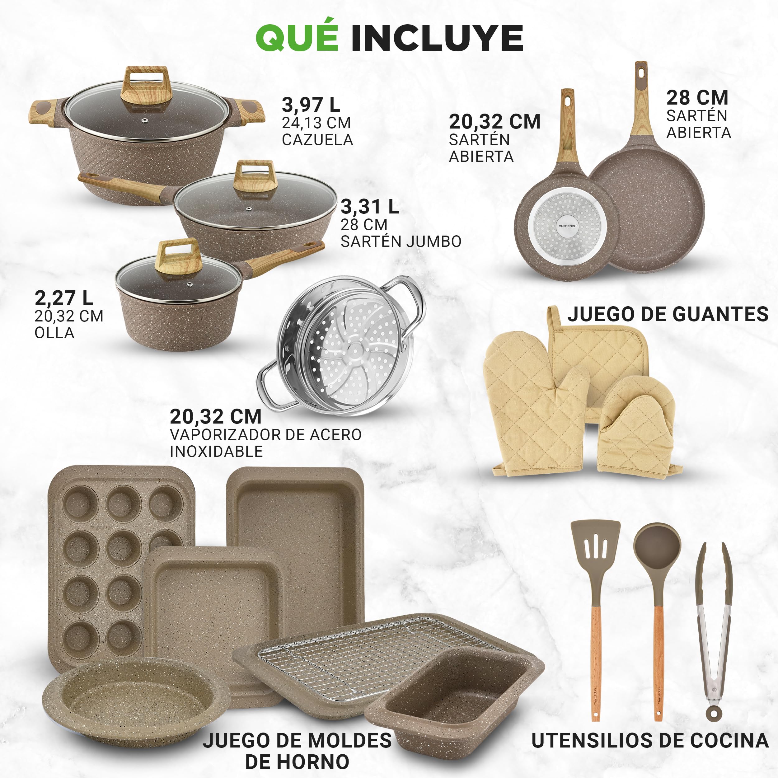 Nutrichef Bateria de Cocina, Antiadherentes, 22 Piezas, Completo, Profesional, Resistentes al Calor