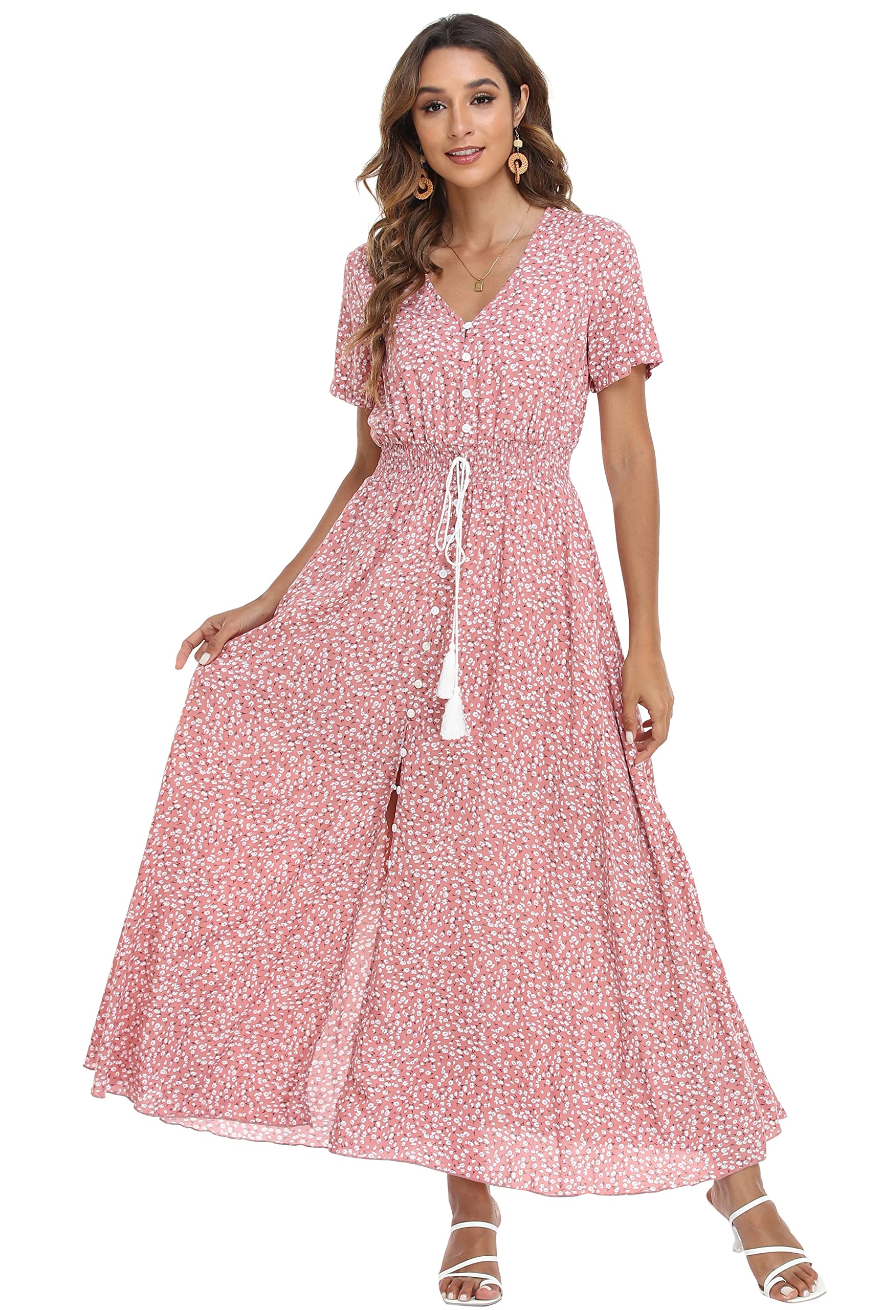 Women's Floral Print Maxi Dresses Boho Button Up Split Beach Party Dress