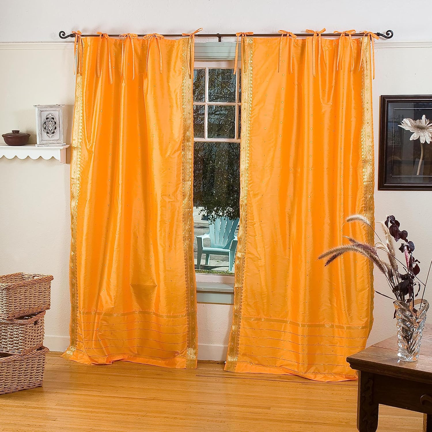 Handcrafted Pumpkin Indian Sari Curtains, Tiebacks Included Lined Tie Top Sari Sheer Curtains, 43" W x 24" L, Privacy & Insulation for Living Rooms, Bedrooms, and Dining Rooms, Sold in Pairs