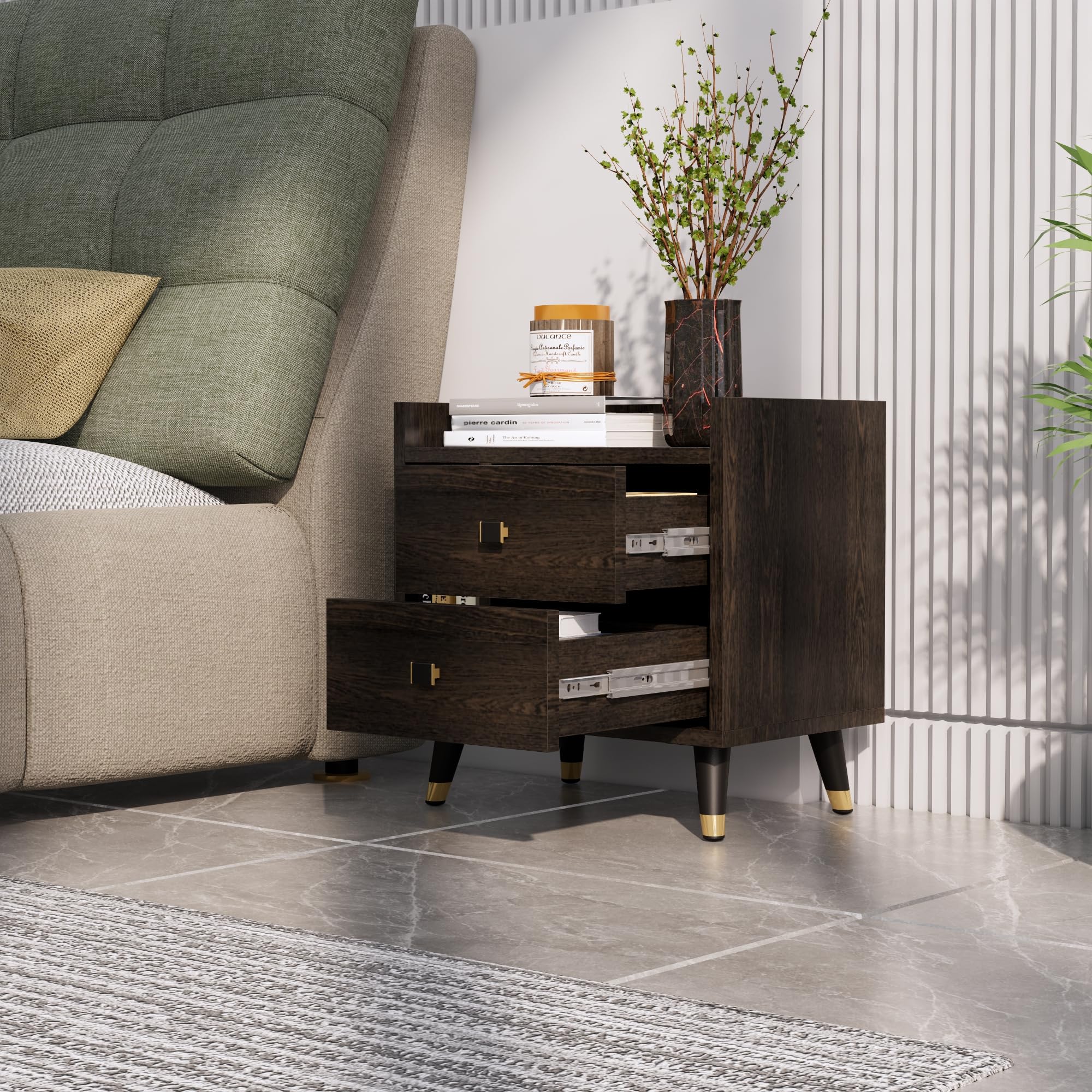 Bed Side Table for Bedroom with 2-Drawer, Small Side Table Bedside Furniture, Nightstand, End Table with Metal Legs for Bedroom (Flower Wenge)-image-37