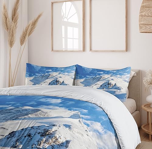 Miniatura 6 de Ambesonne Juego de funda de edredón de montaña, paisaje de montaña, pista de esquí de invierno, imagen deportiva de telfer y snowboard, juego de