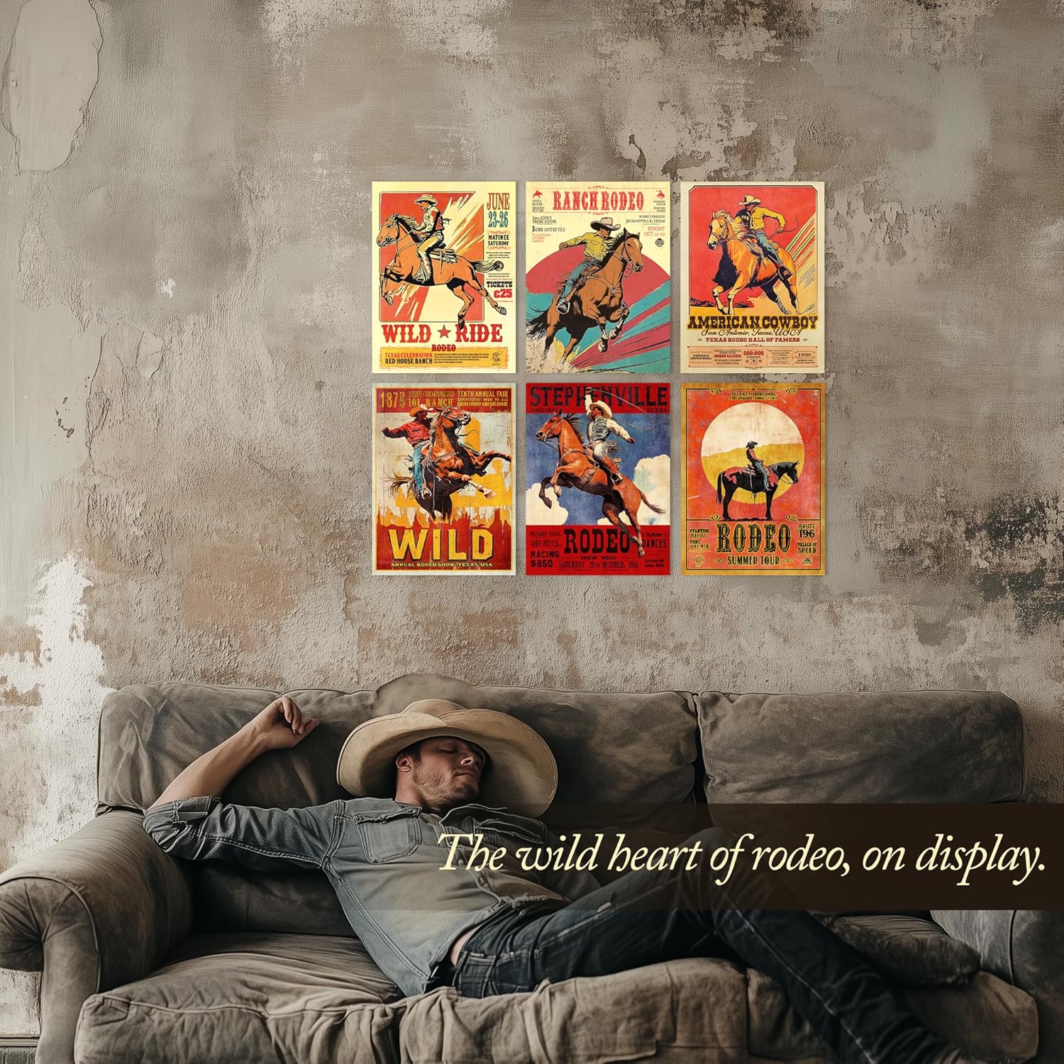 Wallbuddy Rodeo Cowboy Set of 6 Posters | Western Wall Art Prints Rustic Ranch Wild West Horse Riding Artwork | Retro Country Barn Farmhouse Americana Decor for Office Bars Man Caves (12x16)