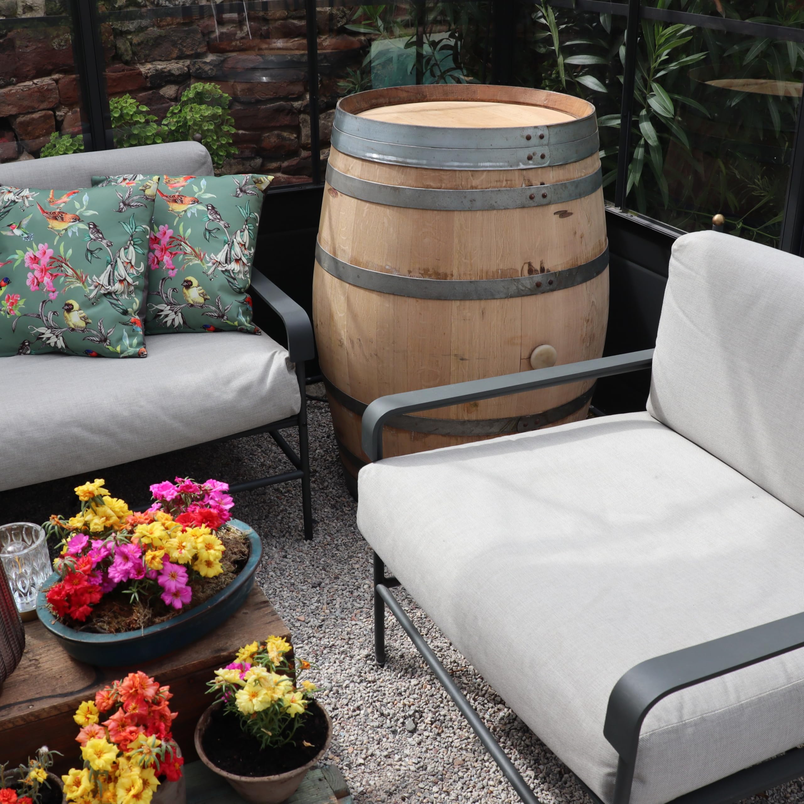 Barrica de vino auténtica de roble para decoración de jardín, de 225 litros