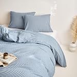 Wake In Cloud - Striped Cotton Duvet Cover Set, Ticking Stripe Pinstripe Farmhouse, 100% Washed Cotton Textured Bedding Set, 3 Pieces, Denim Blue, Full Size