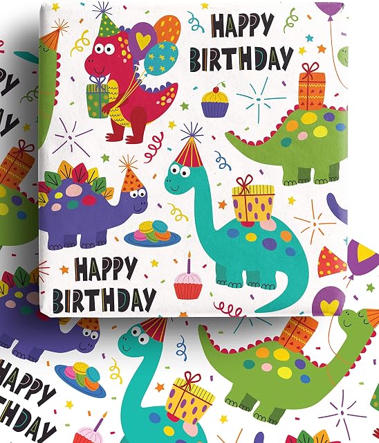 4 x Dinosaur Kids Birthday Wrapping Paper Sheets 70cm x 50cm for Boys and Girls - Premium Recyclable Dino Gift Wrap Made from 100% Recycled Paper. Designed and Made in the UK