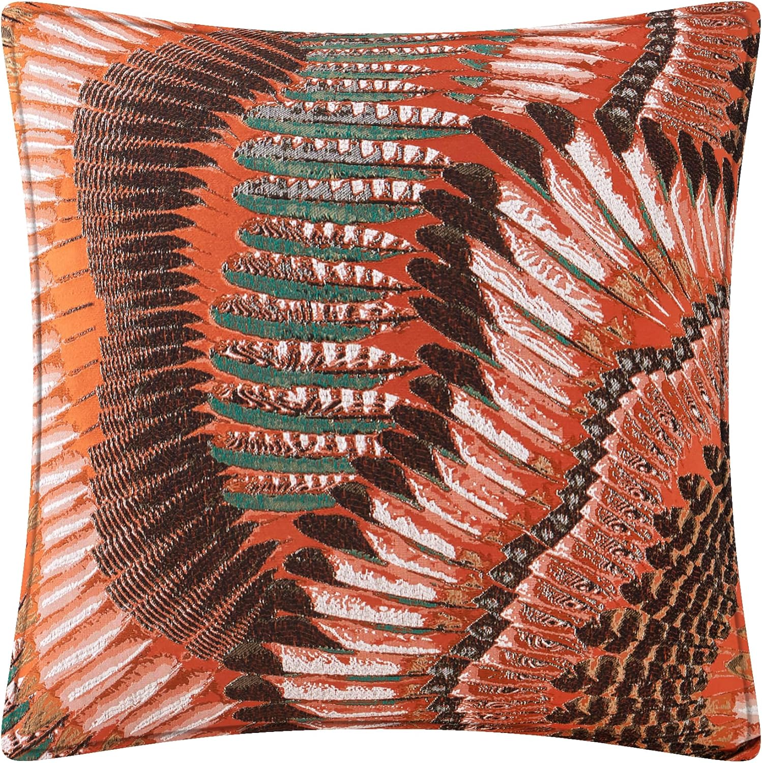 THE-TINOART Orange Multi-Color Bohemian Feather Jacquard Pillow Cover, Vibrant Abstract Square Accent Pillow Cover for Sofa & Bed, 18x18 Inch