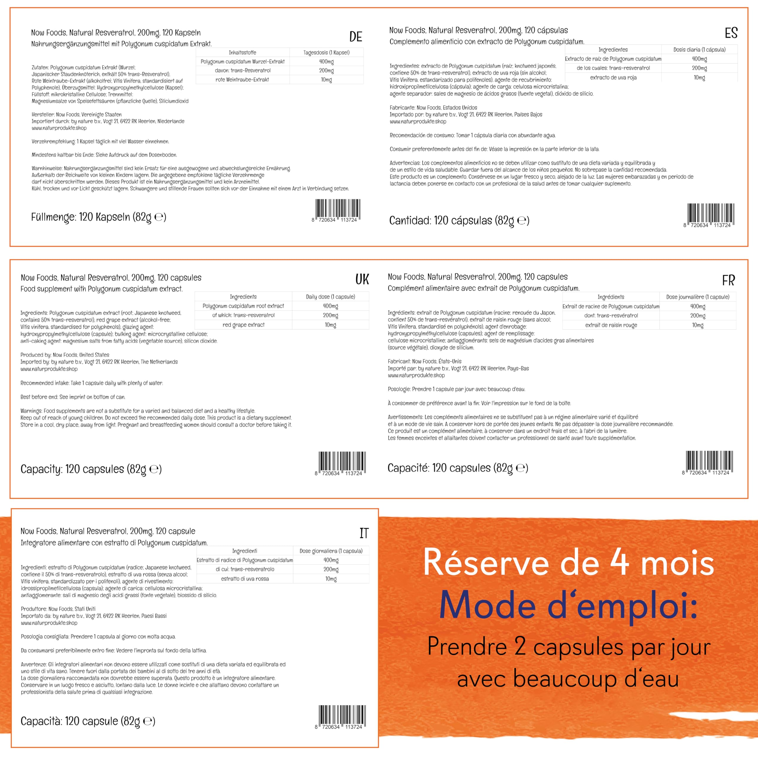 Now Foods, Resveratrol, 200mg, 120 Capsules végétaliennes, Testé en Laboratoire, Sans Soja, Sans Gluten, Végétarien, Sans OGM