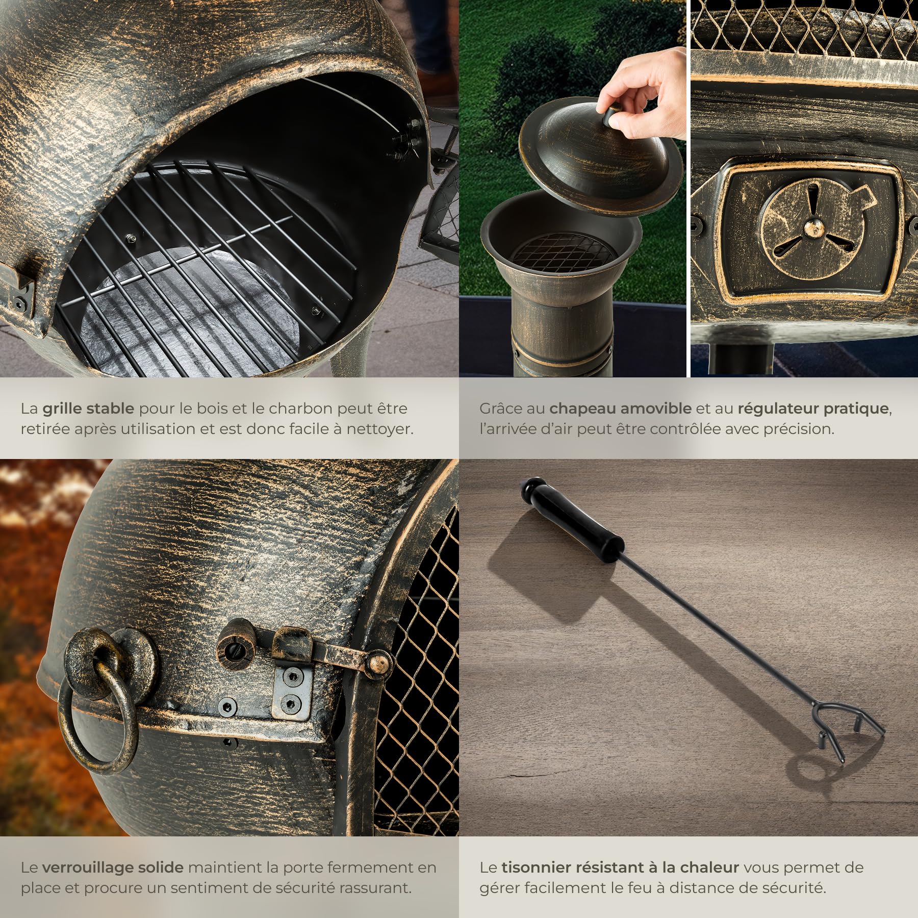 tectake® Brasero Exterieur Poêle en Fonte Chauffage au Bois Cheminée de terrasse extérieure Style Antique avec Porte grillagée & tisonnier 44 x 52 x 115 cm pour Aménagement Salon de Jardin Exterieur