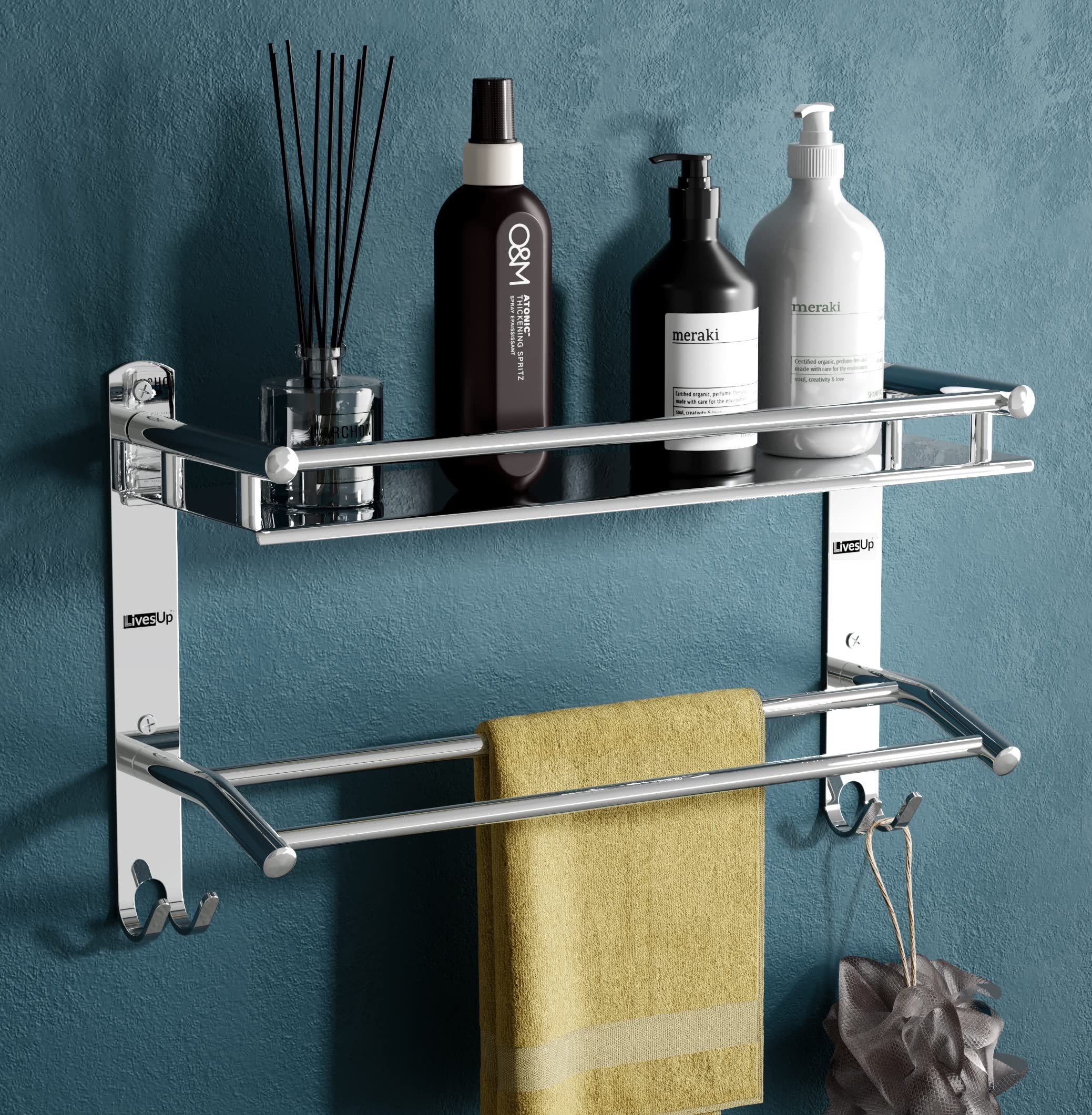 LivesUp Multipurpose Stainless Steel Single Layer Shelf with Towel Rod I Multipurpose Wall Mount Bath Shelf Organizer l Bathroom Shelf and Rack I Bathroom Accessories - Chrome Finish, Silver