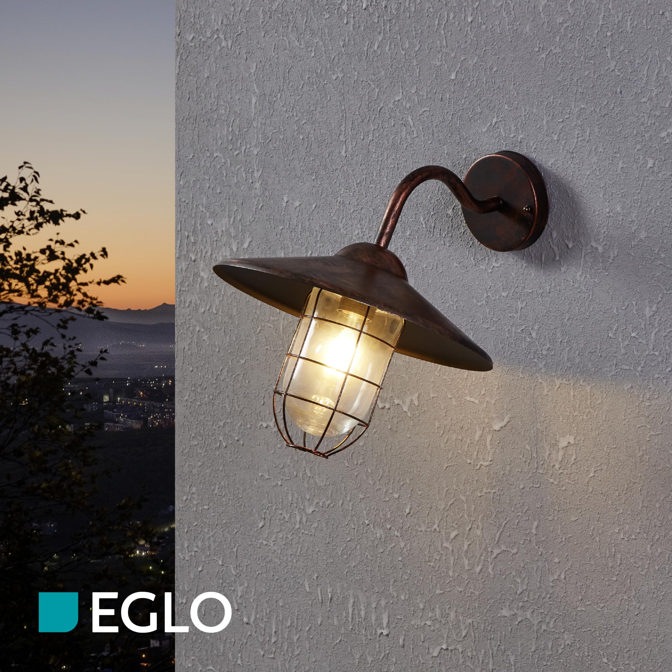 Eglo Melgoa Lámpara de pared para exterior, aplique de exterior de 1 foco | de acero galvanizado con aspecto oxidado y cristal, casquillo E27, IP44