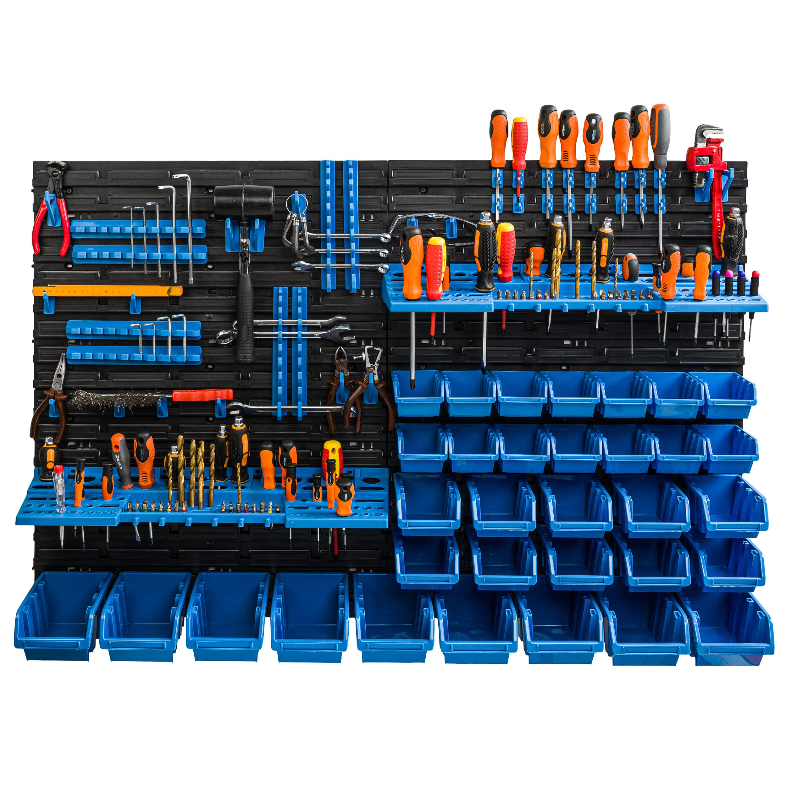 botle 33 scatole impilabili da parete, in plastica, porta attrezzi da muro 117 x 78 cm, per magazzino, scaffale porta attrezzi da lavoro, contenitori per garage blu