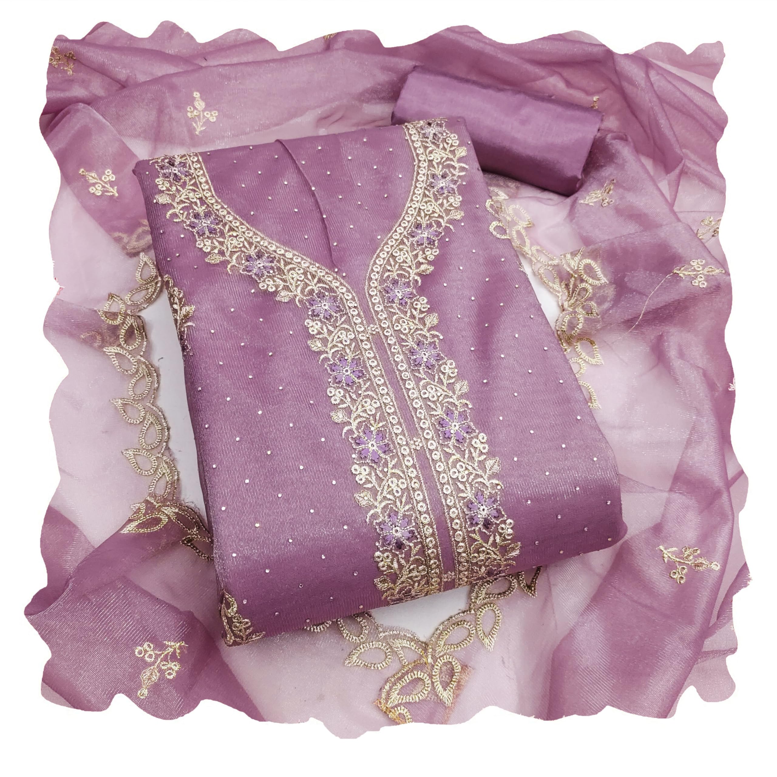 MANVAA Women'S Levender Unstitched Heavy Embroidery Daimond And Fancy Border Organza Dress Material (MT690LDR)-picture-37