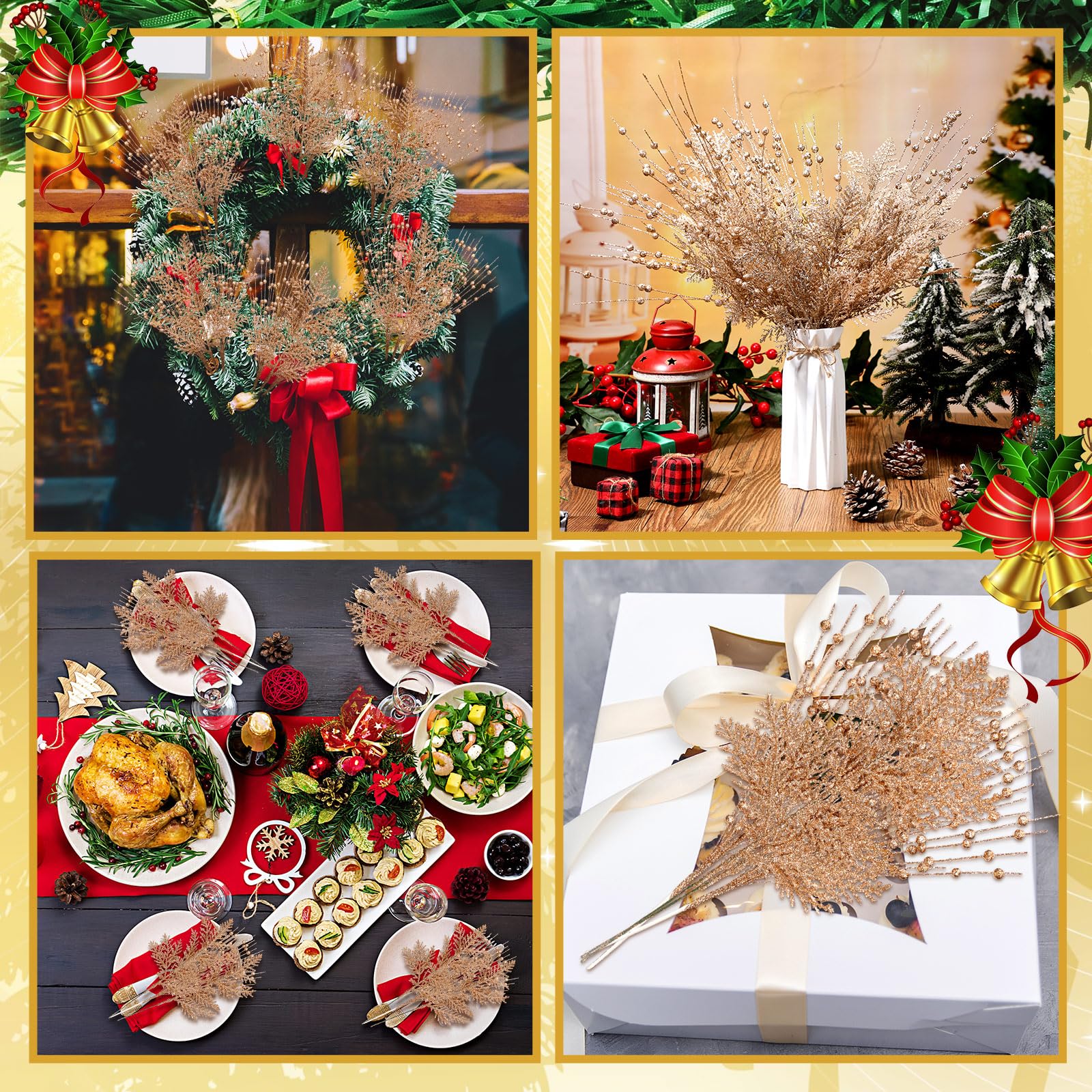 Daifunli Künstliche Tannennadeln mit Glitzer-Beeren, 43,2 cm, künstliche Stiele, Zweige, dekorative Perlenstäbe für Weihnachtsbaum, DIY, Kranz, Basteln, Vasenfüller, 50 Stück