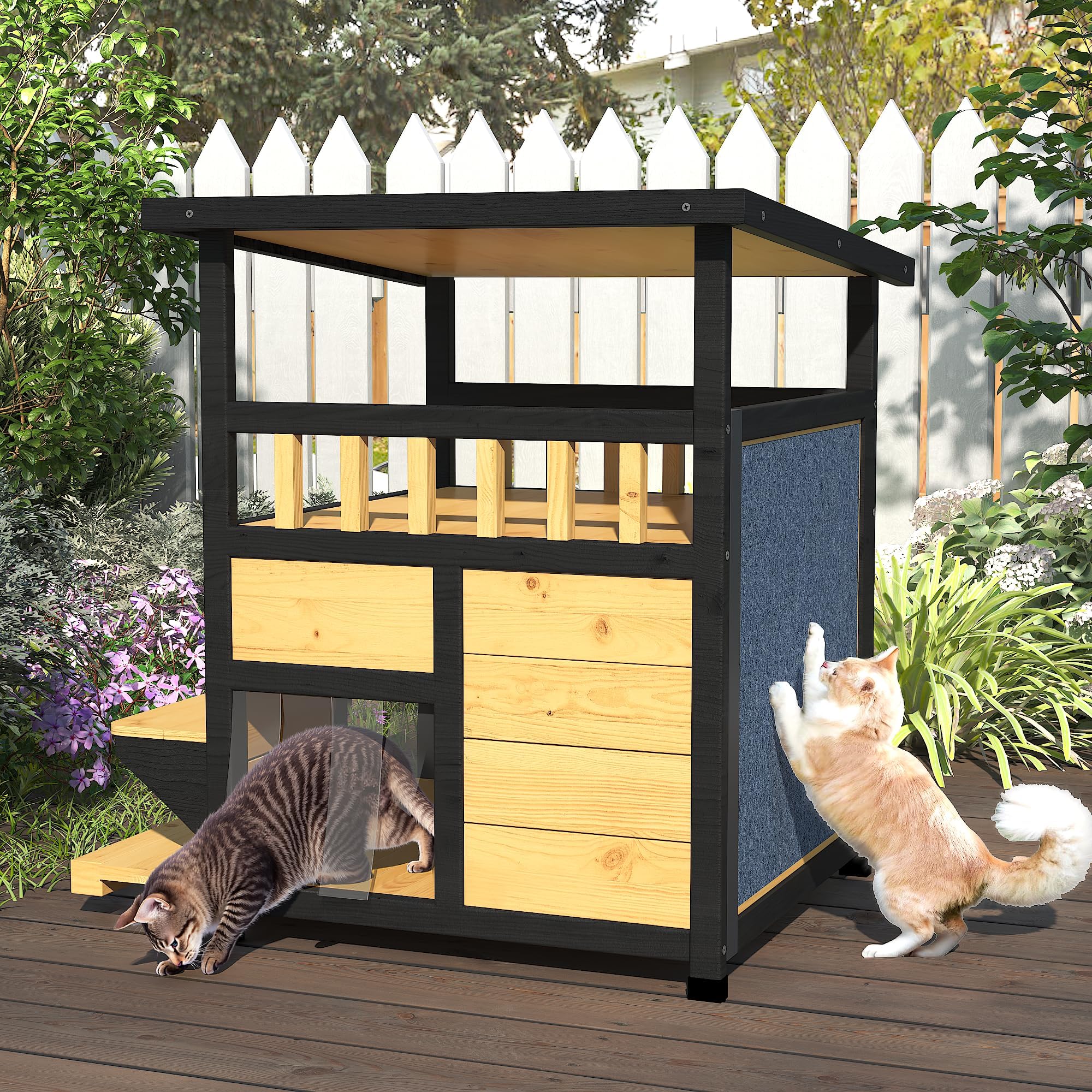 TIMHAKA Cat House Weatherproof, Wooden Two Story Feral Cat Shelter with Escape Door, Indoor/Outdoor Enclosure for Small/Medium Pets, Pull-Out Bottom & Scratching Mat Included - Black and Earthy yellow