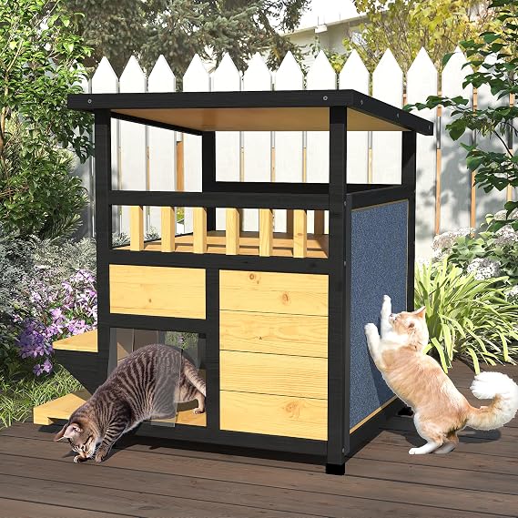 TIMHAKA Cat House Weatherproof, Wooden Two Story Feral Cat Shelter with Escape Door, Indoor/Outdoor Enclosure for Small/Medium Pets, Pull-Out Bottom & Scratching Mat Included - Black and Earthy yellow
