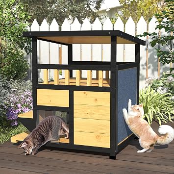 TIMHAKA Cat House Weatherproof, Wooden Two Story Feral Cat Shelter with Escape Door, Indoor/Outdoor Enclosure for Small/Medium Pets, Pull-Out Bottom & Scratching Mat Included - Black and Earthy yellow