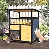 Outdoor Cat House Weatherproof - Outside Two Story Feral Cat Shelter with Escape Door, Wood Dog Condo for Small/Medium Pets, Pull-Out Bottom & Scratching Mat Included - Black and Earthy Yellow