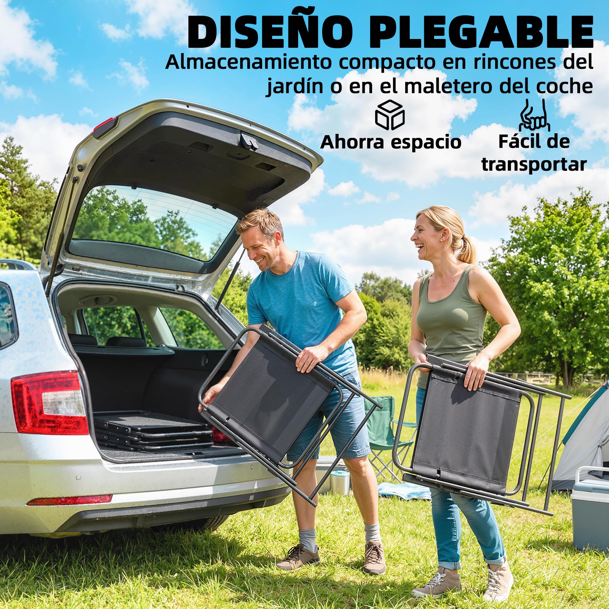 Outsunny Pack de 4 Sillas de Camping Plegables, Sillas de Jardín Exterior con Respaldo Alto, Asiento Ancho y Reposabrazos, Tela Textilene Transpirable y Marco de Acero para Terraza, 65x60x94 cm, Negro