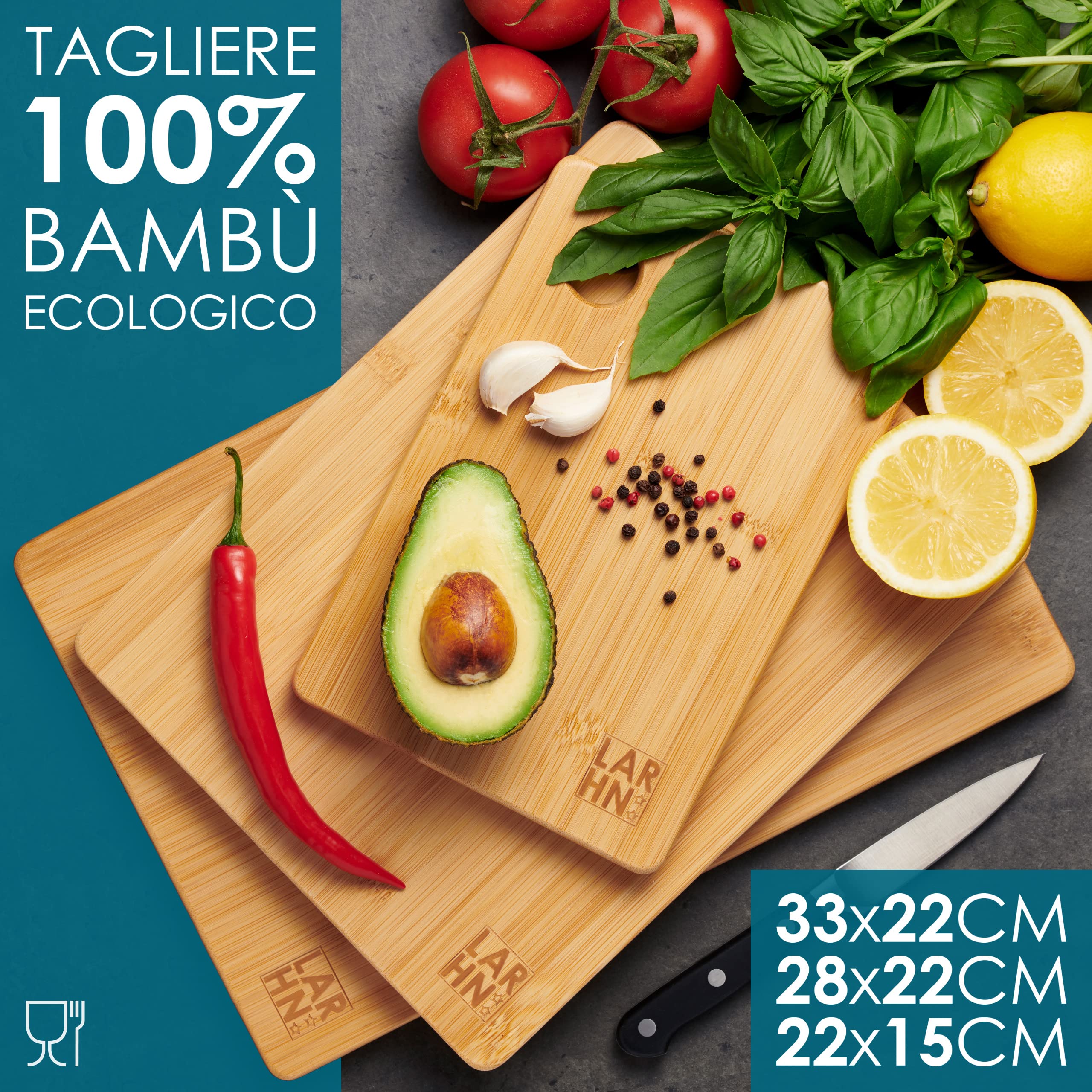 LARHN. Set Taglieri da Cucina in Legno di Bambù - 3 Pezzi Extra Spessi 1,5 cm - Tagliere da Cucina 33x22 / 28x22 / 22x15 cm - Resistenti, Facili da Pulire e Delicati sulle Lame