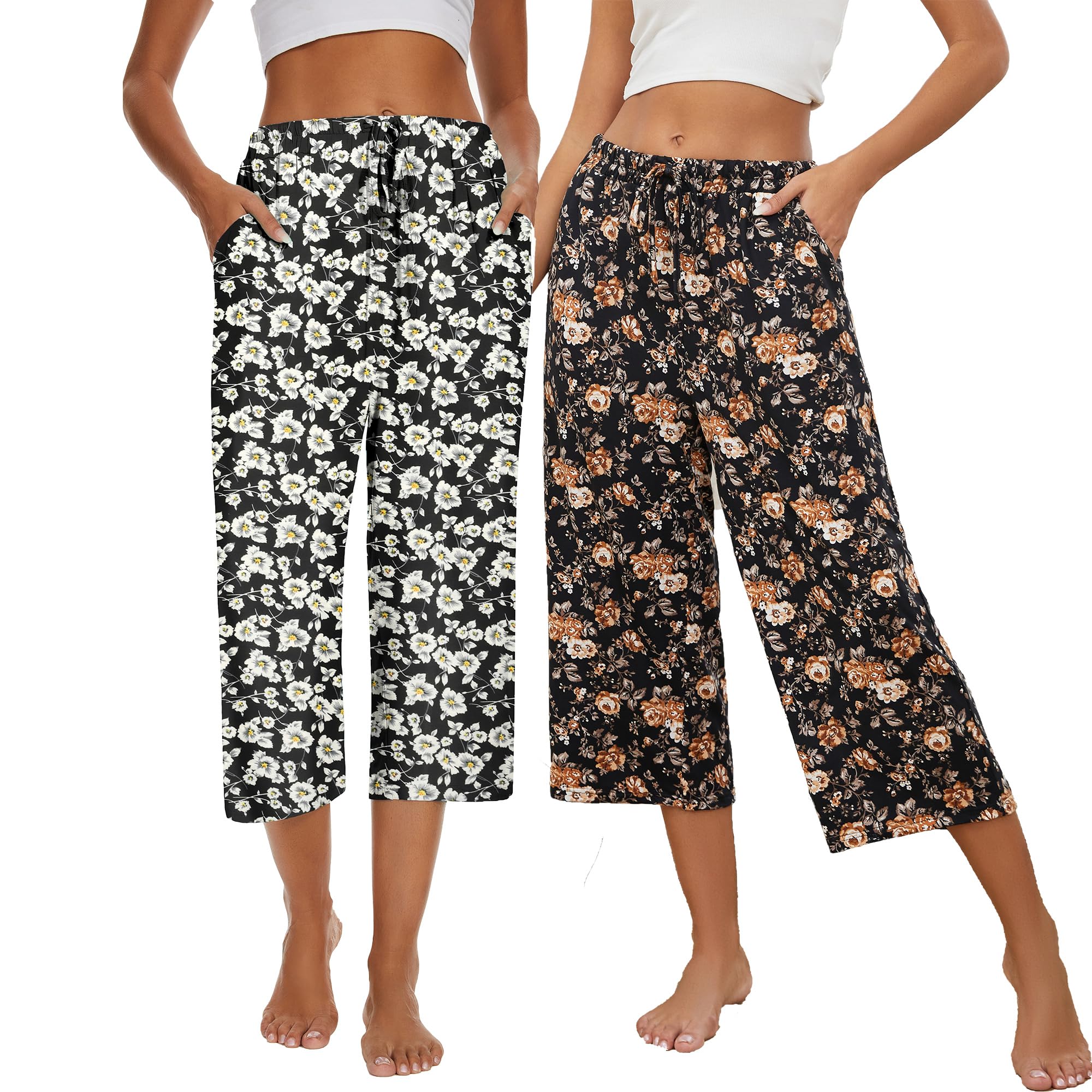 Kabento 2 Pack Womens Pajama Pants Capri Sleep Lounge Pants Drawstring Pj Bottoms with Pockets