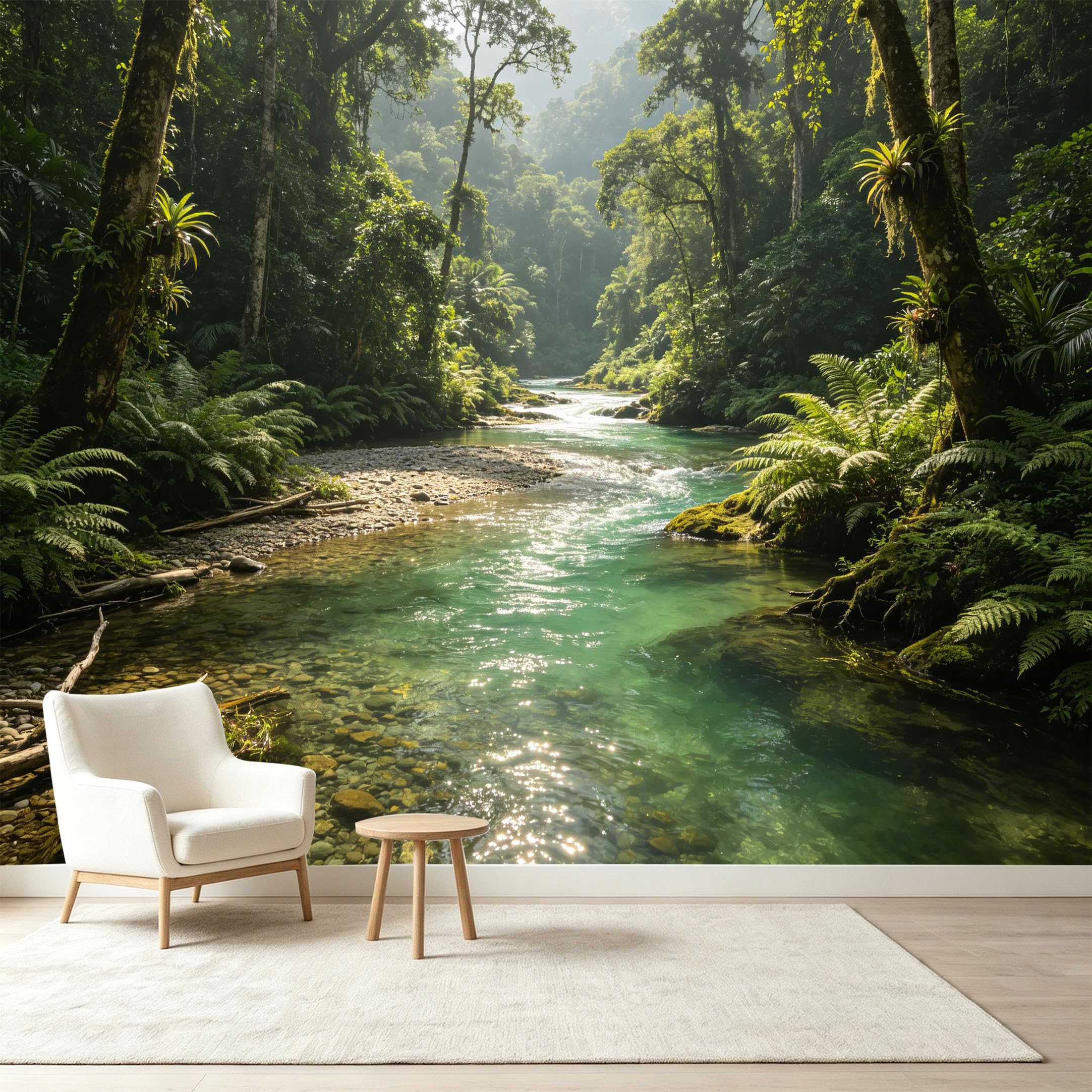 Custom Size Wall Murals Tropical Rainforest Landscape Sunlit River Ferns Botanical Self-Adhesive Wall Fabric Removable Wallpaper Wall Decor for Living Room Bedroom Bathroom