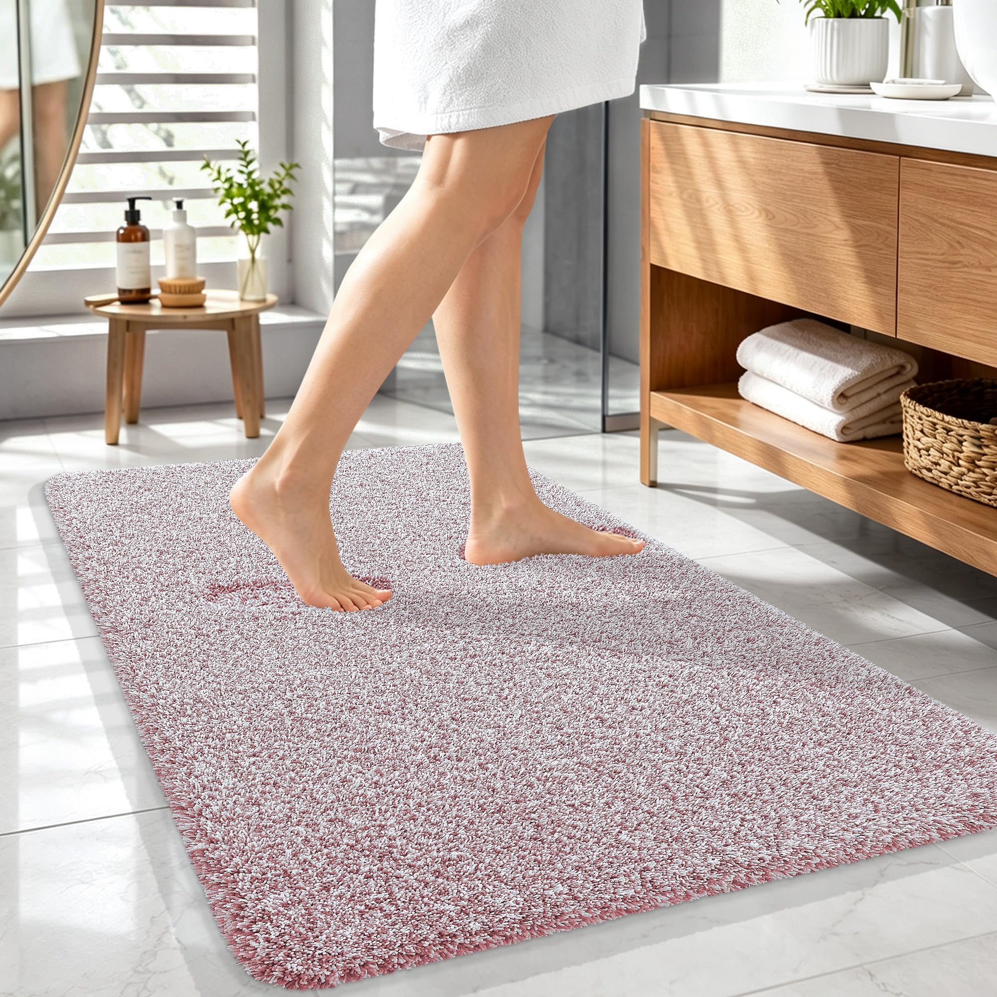OLANLY Microfiber Bath Rugs - Deep Rose & White -25