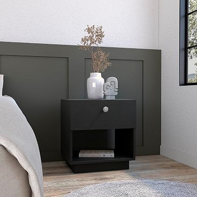 18" Single Drawer Nightstand 19" H with Open Storage Shelf, Black – Bedside Nightstand with Storage for Bedroom Beside Tables & Small Spaces