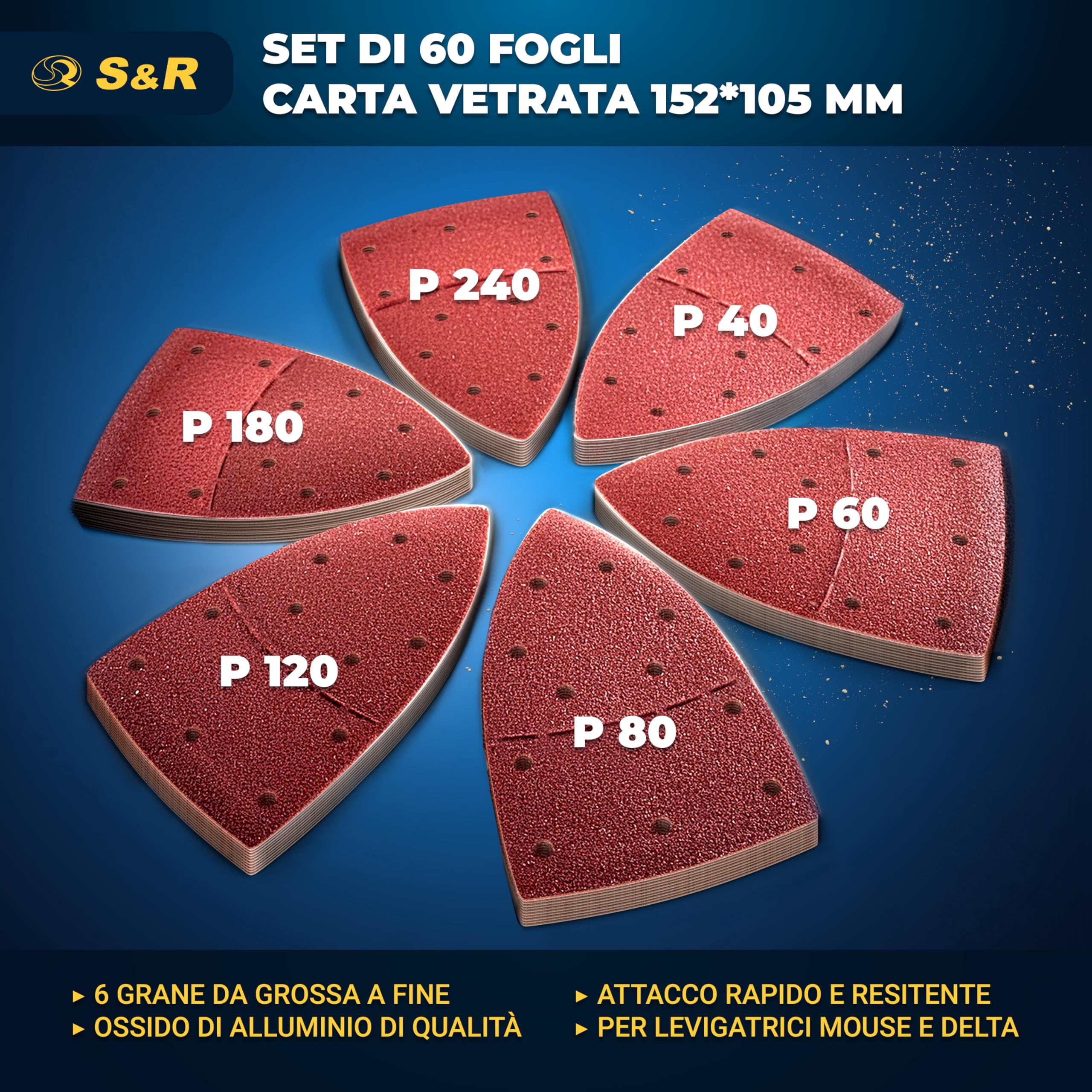 Set 60 Fogli Abrasivi Triangolari Multitool - Grana 1200/1500/2000 - Ossido Di Alluminio, Attacco Hook&Loop, 8 Cm (20 Pezzi Per Grana)