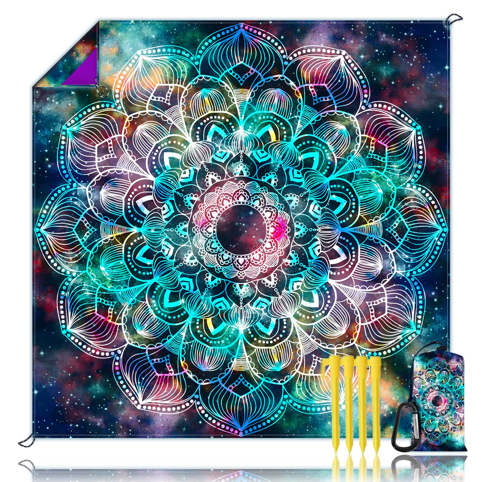 Koc plażowy, wodoodporna piaskowa mata plażowa, ponadwymiarowa 180 x 213 cm dla 4–6 dorosłych, lekki koc piknikowy, przenośna mata piknikowa do podróży na świeżym powietrzu, na kemping, wędrówki z 4 słupkami i 4 kieszeniami narożnymi