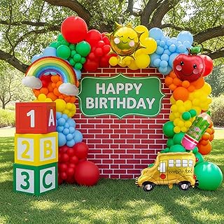 Sesame Friends party decorations Kit with cartoon Theme primary color Balloon and ABC123 Box rainbow sun apple balloon for kid birthday Kindergarten pre k back to school supplies