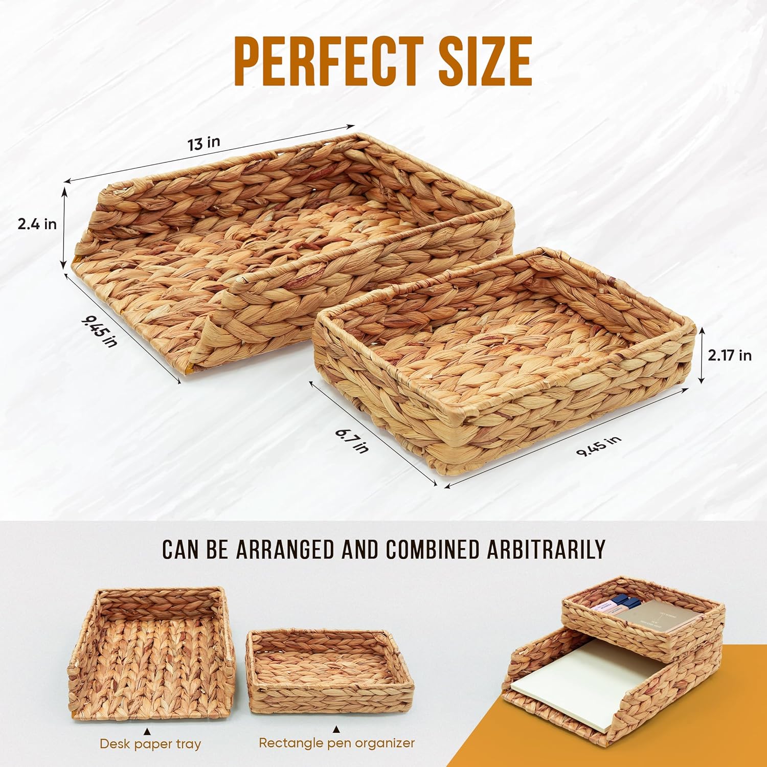 HAMOTOPI Desk Organizer Letter Tray Set of 2, Woven Water Hyacinth Tabletop Desktop for Storage Paper Letter Folders Notebooks Copy Print, Workspace Holder, Keep Stationery Saver