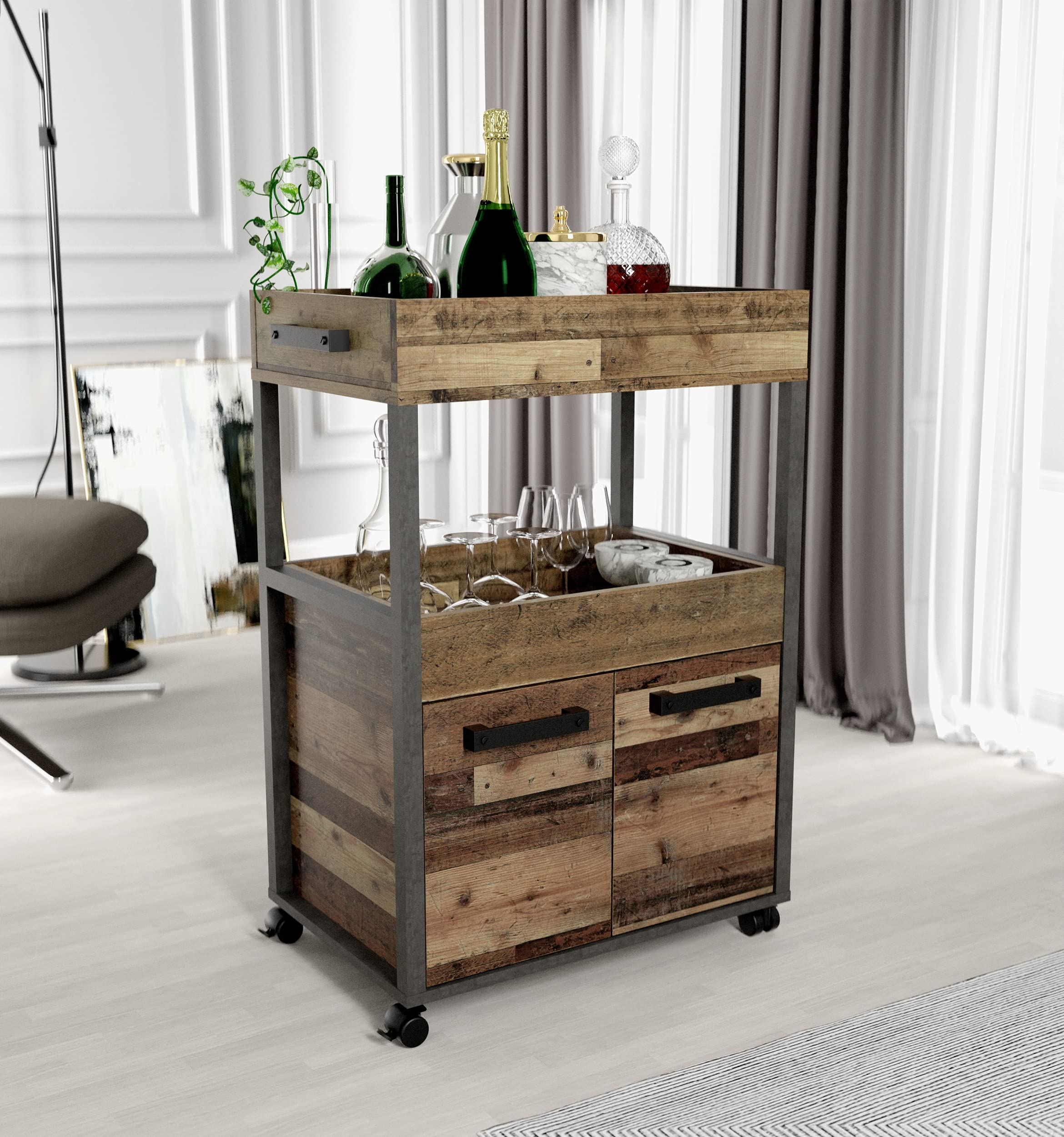 FORTE HOME BAR Barschrank mit Rollen und 2 Türen, Holzwerkstoff, Old Wood Vintage / Betonoptik Dunkelgrau, 60 x 88.5 x 40 cm