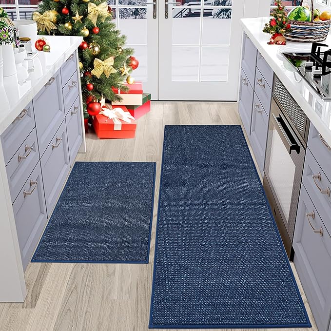 BEQHAUSE Kitchen Rugs and Mats 2PCS, Non-Slip Kitchen Mats for Floor, Absorbent and Stain Resistant Kitchen Runner, Machine Washable Rugs for Kitchen, Laundry & Sink, 20"x32"+20"x48", Blue