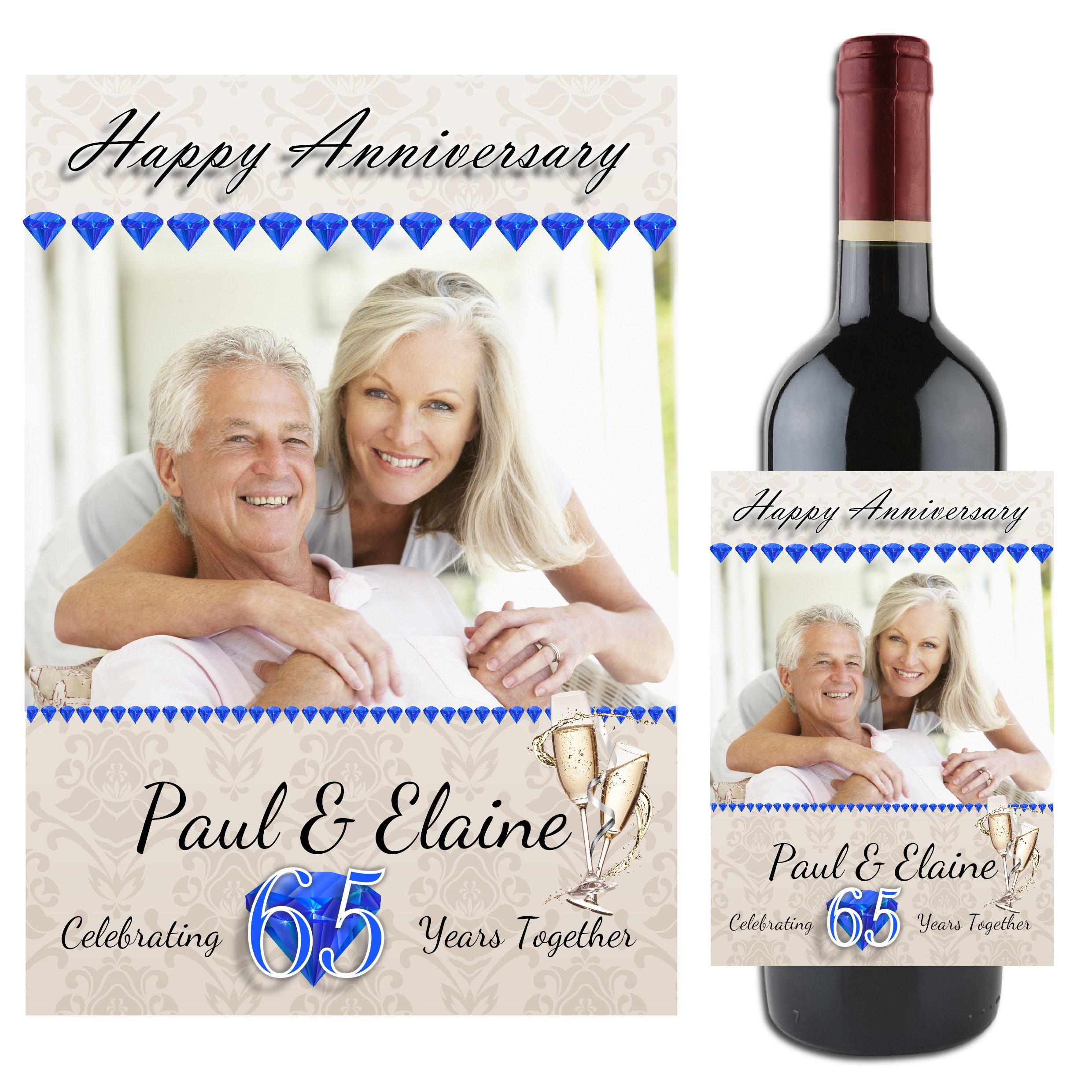 Personalised Blue 65th Wedding Anniversary Wine/Champagne Bottle Photo Label Gift Present Idea N93