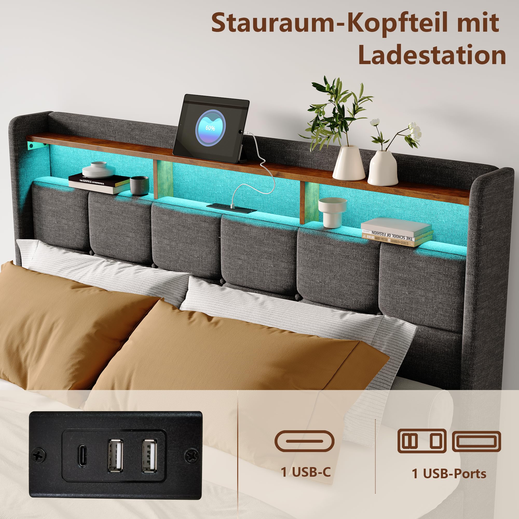 Letto imbottito, 160 x 200 cm, letto matrimoniale, letto funzionale con illuminazione a LED e funzione di ricarica USB, letto con 4 cassetti e rete a doghe, letto per giovani, con schienale