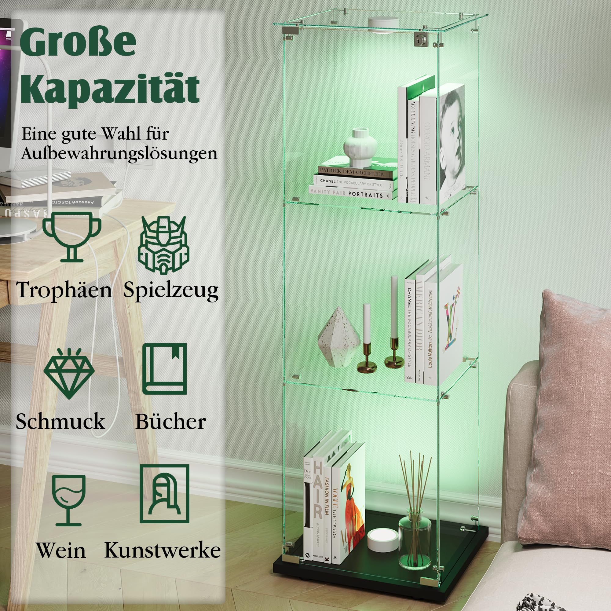 Vetrina espositrice per collezioni grande, vetrina in vetro con luce 123,3 x 35 x 39,8 cm Vetrina espositrice con LED 1 ante 3 ripiani vetrina espositoria trasparente (1anta 3piano, nero A)